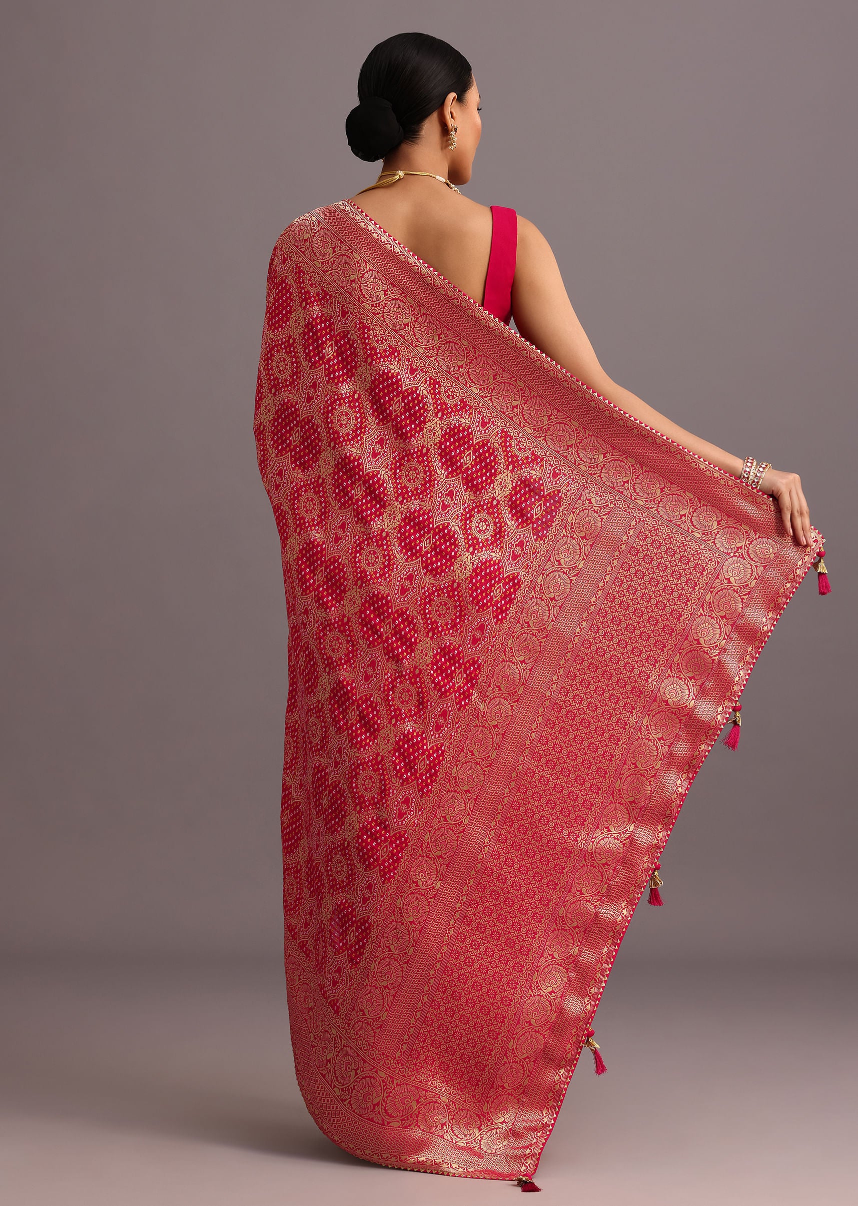 Pink Khaddi Georgette Woven Saree With Gotta Patti Border - Image 6
