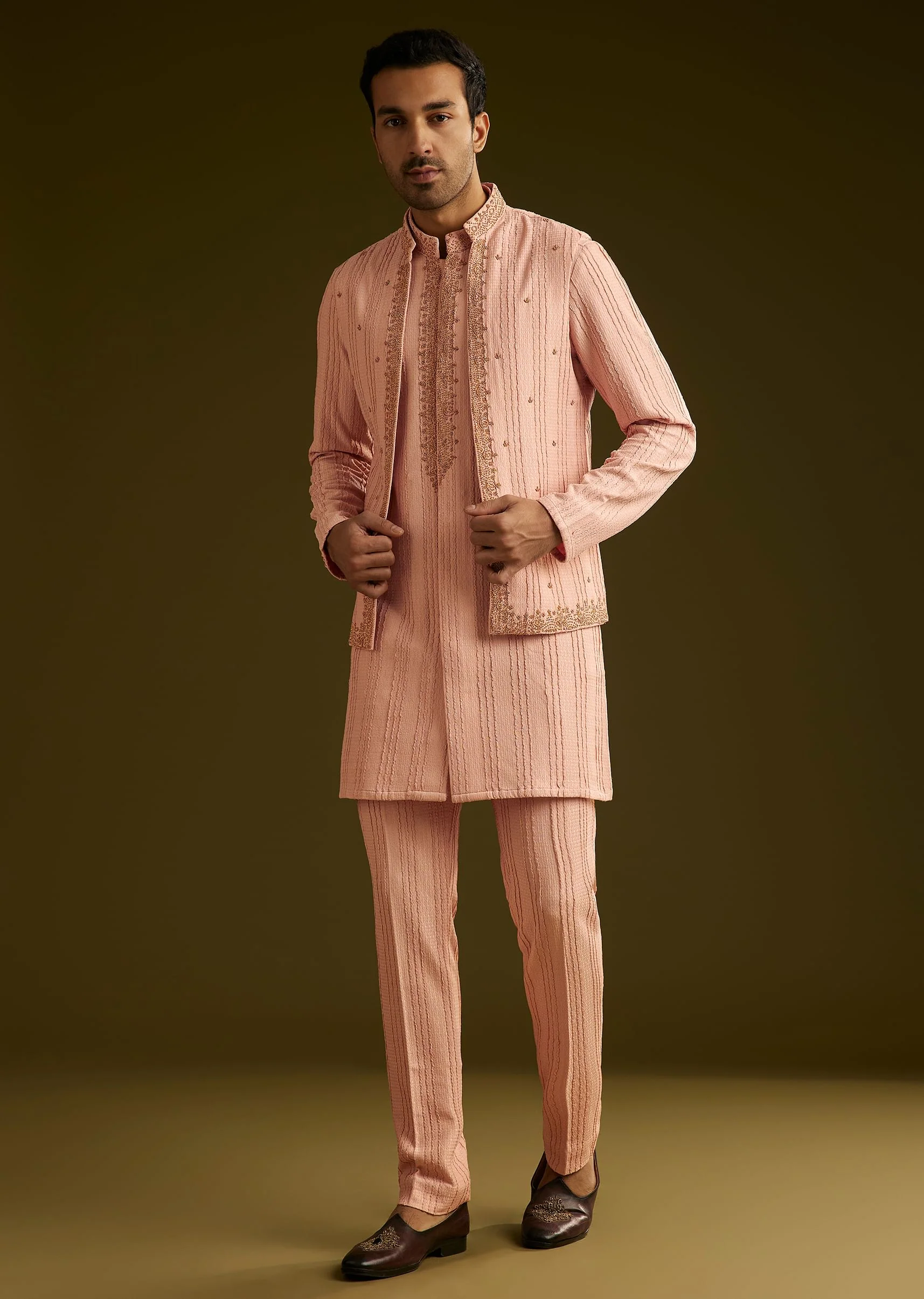 Pink Knit Kurta Jacket Set With Moti Work - Image 3