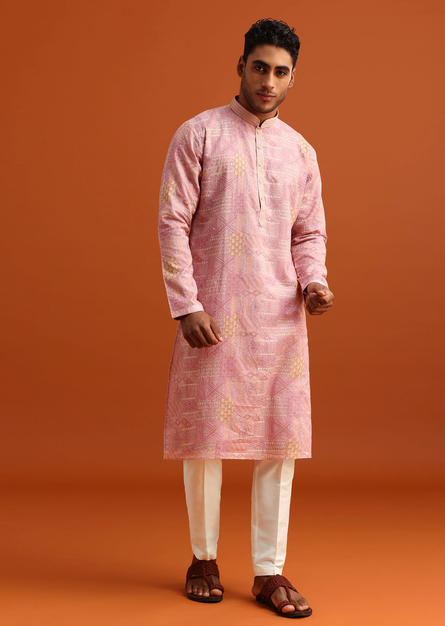 Pink Kurta And Pant Set In Silk With Printed Work - Image 2