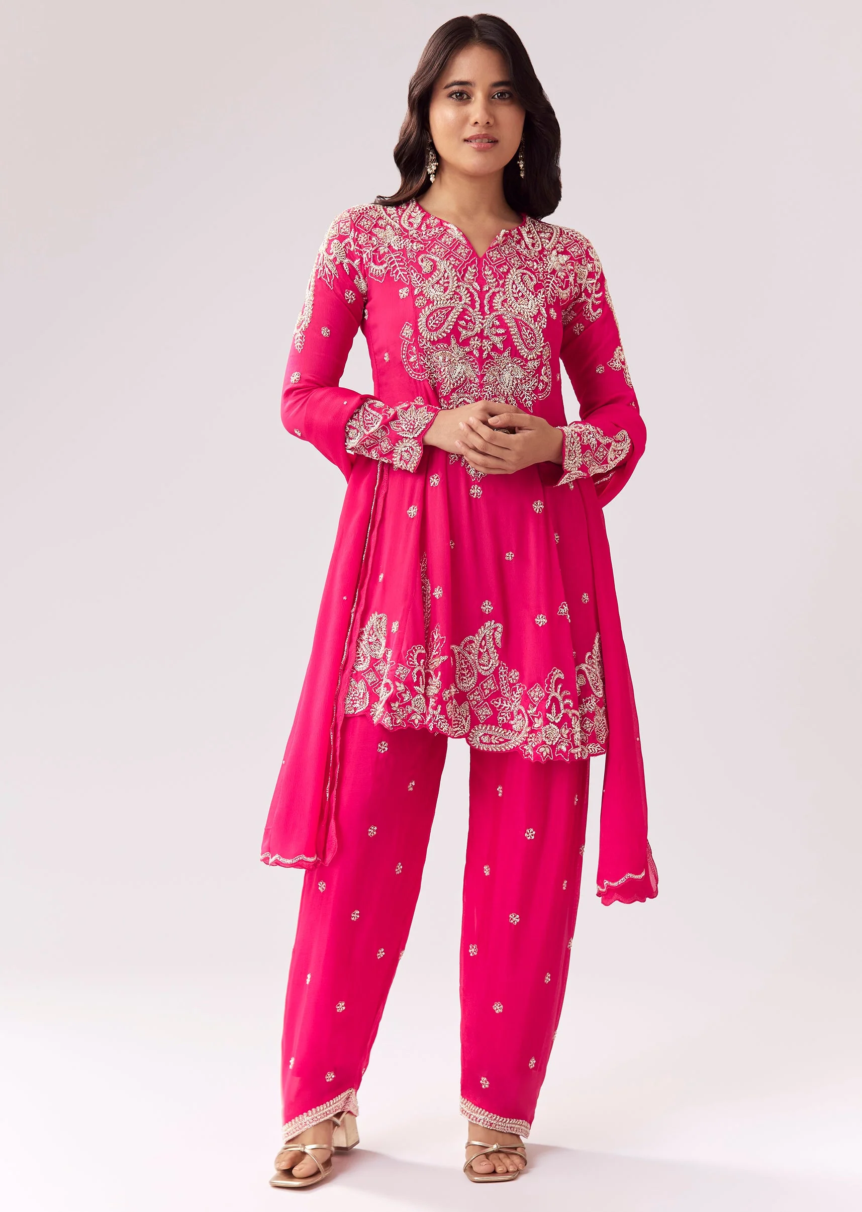 Pink Kurta Pant Set With Moti And Cutdana Work - Image 3