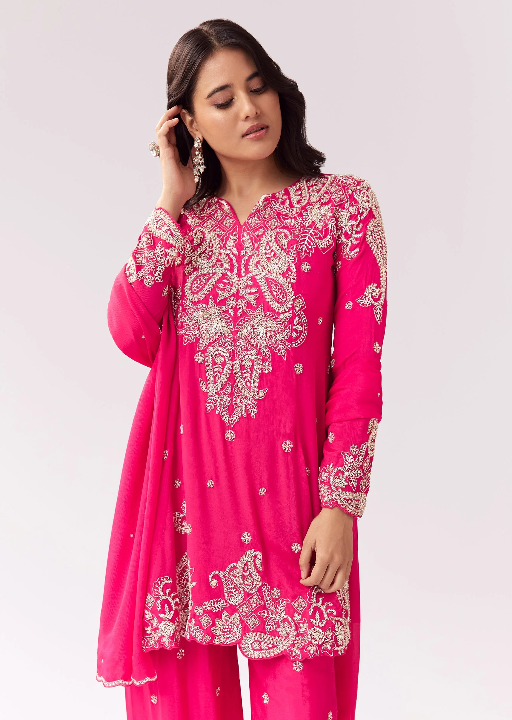 Pink Kurta Pant Set With Moti And Cutdana Work - Image 4