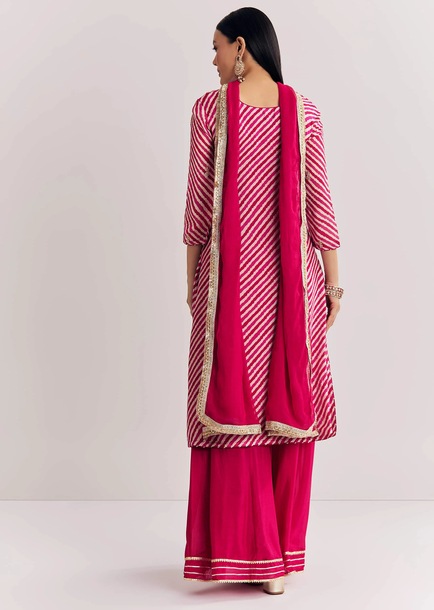 Pink Leheriya Zardosi Work Kurta Palazzo Suit - Image 5