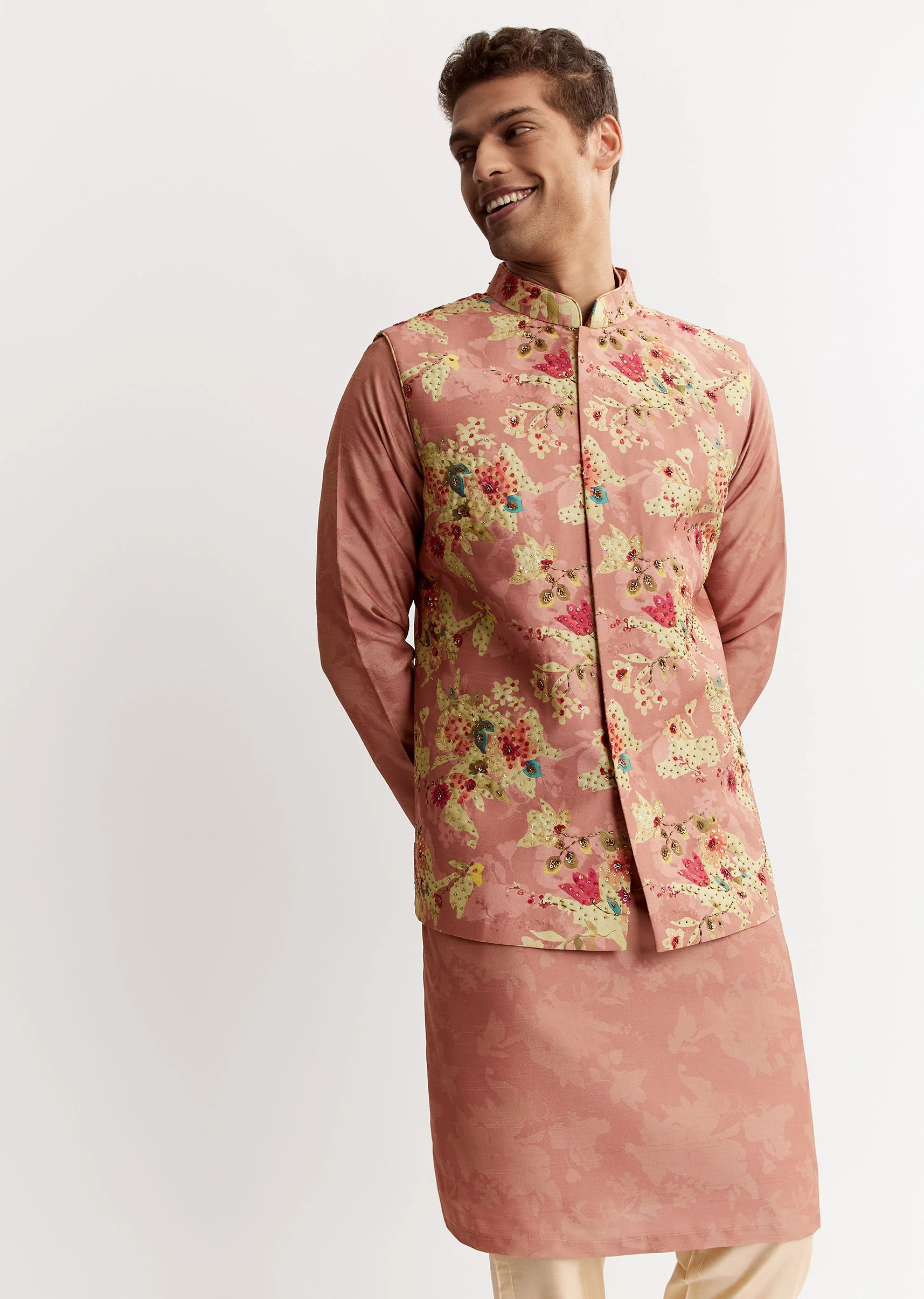 Pink Linen Floral Printed Jacket Kurta Set With Sequins - Image 3