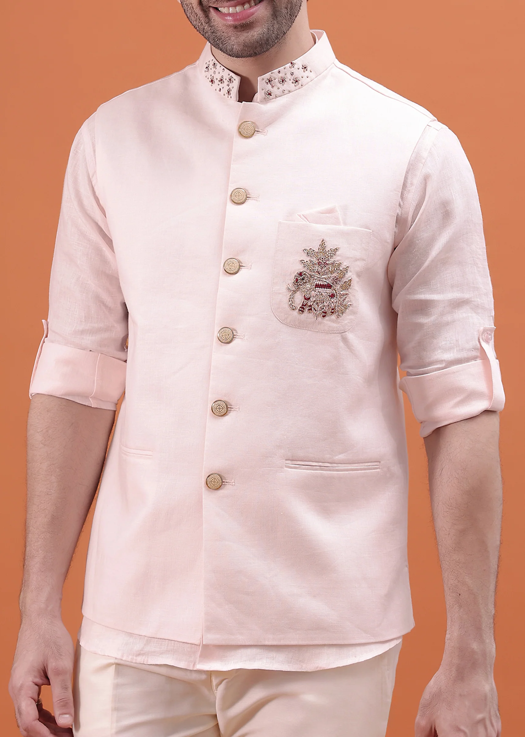 Pink Linen Kurta And Embroidered Jacket For Men