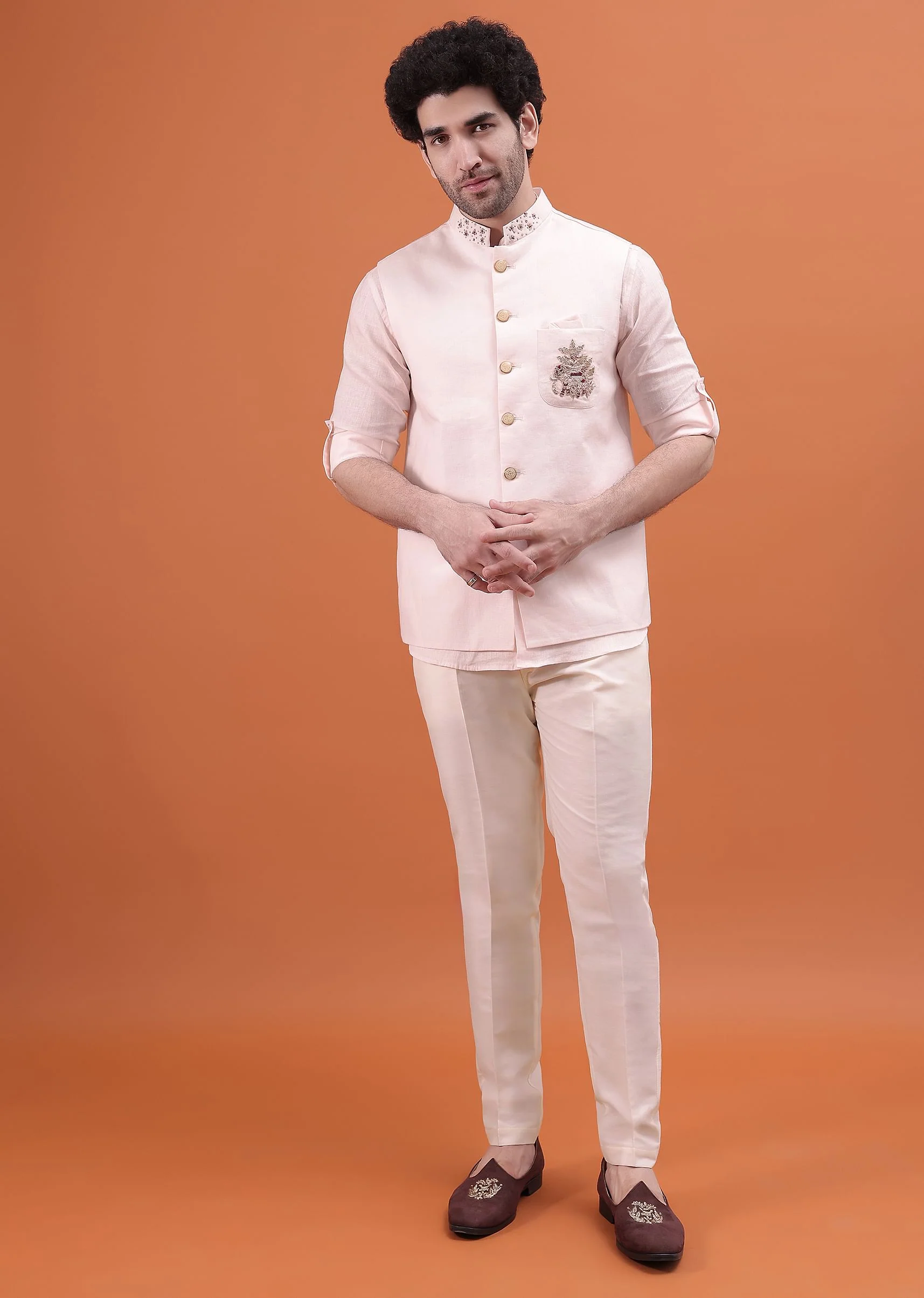 Pink Linen Kurta And Embroidered Jacket For Men - Image 2