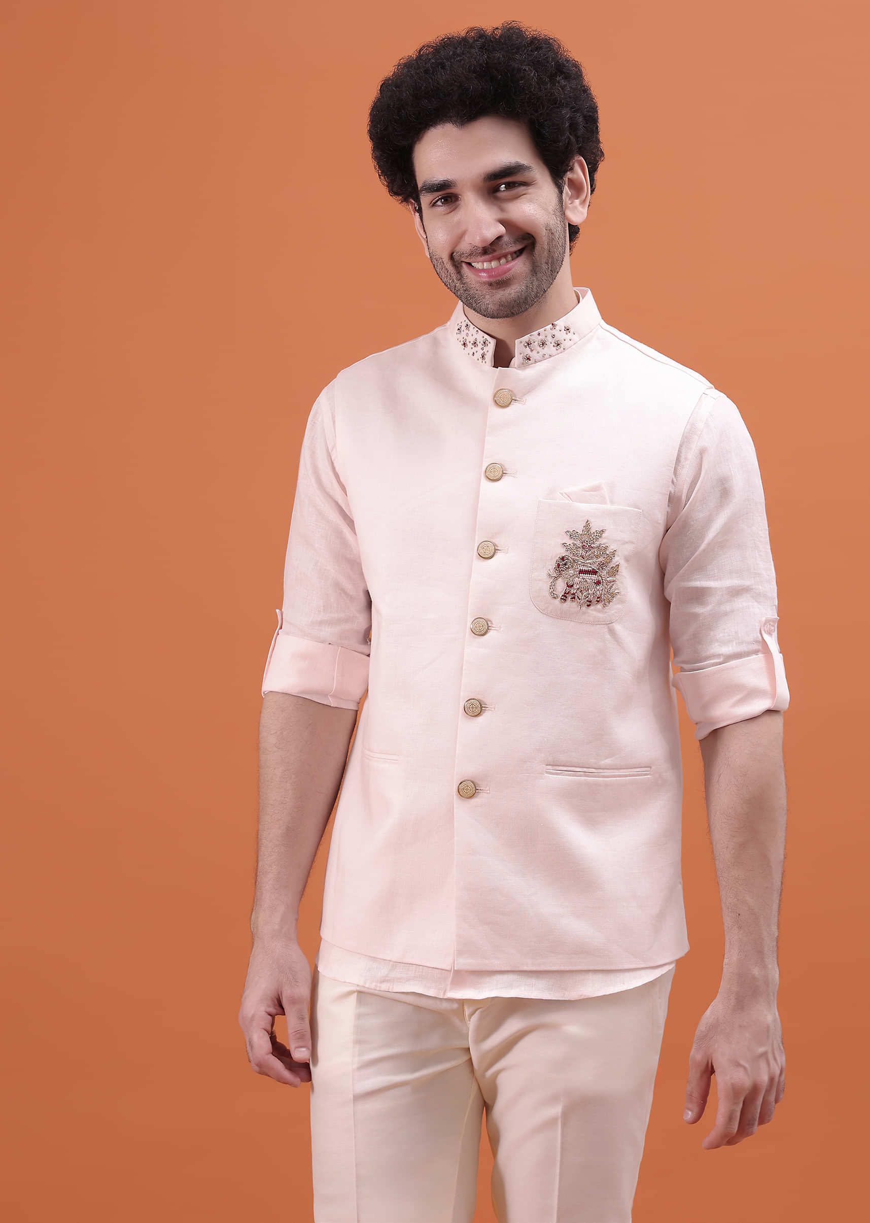 Pink Linen Kurta And Embroidered Jacket For Men - Image 4