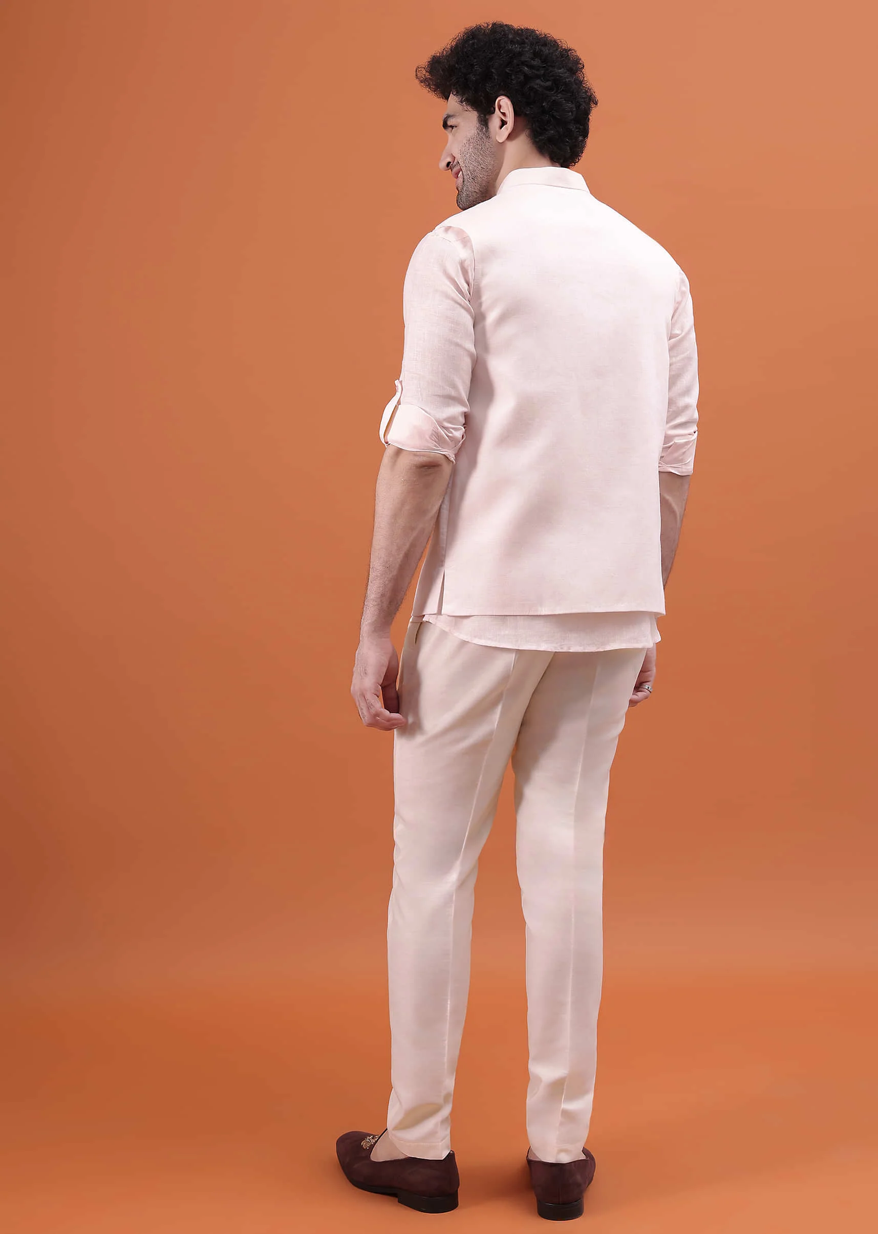 Pink Linen Kurta And Embroidered Jacket For Men - Image 6