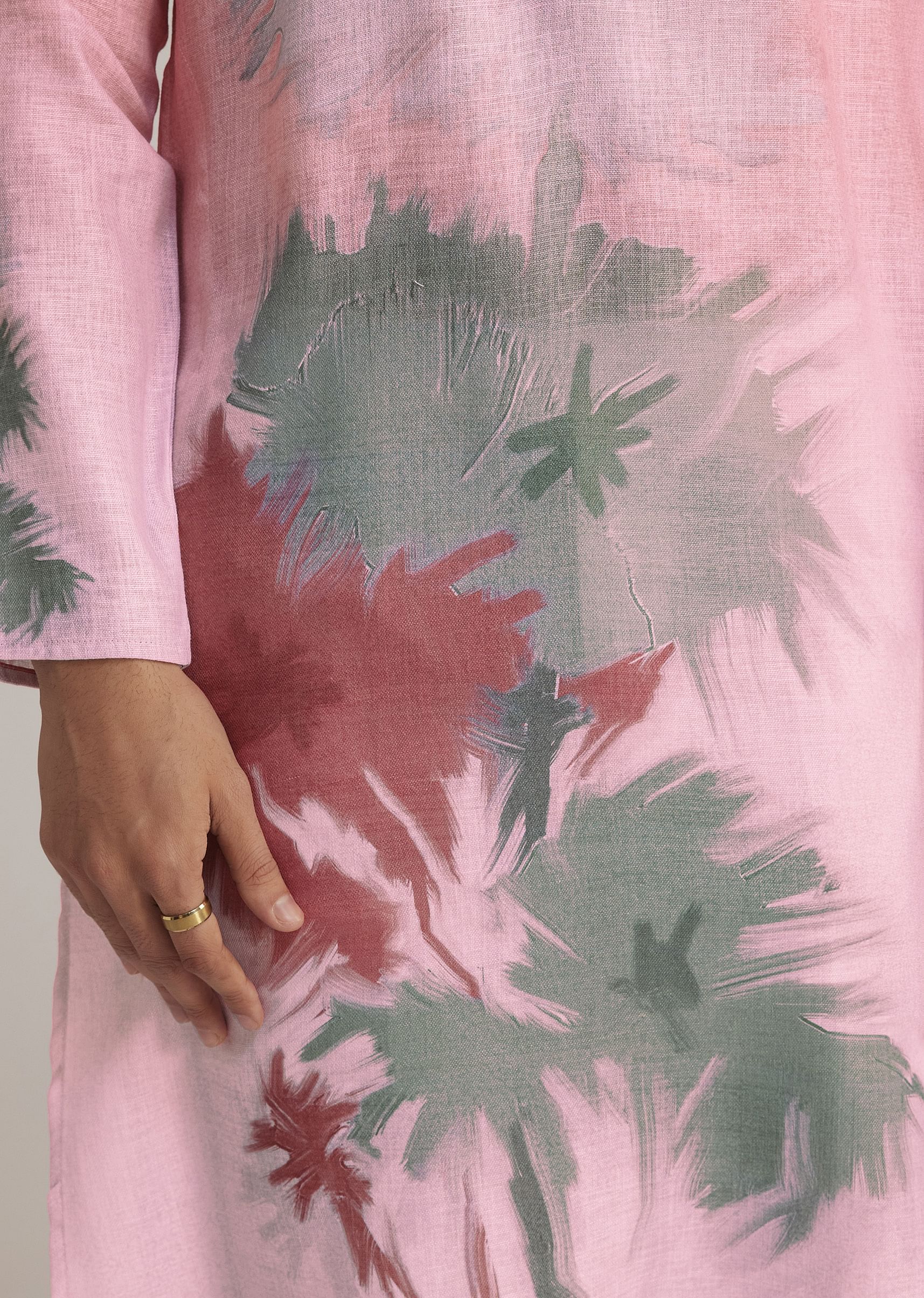 Pink Linen Ombre Kurta Set With Abstract Print - Image 3