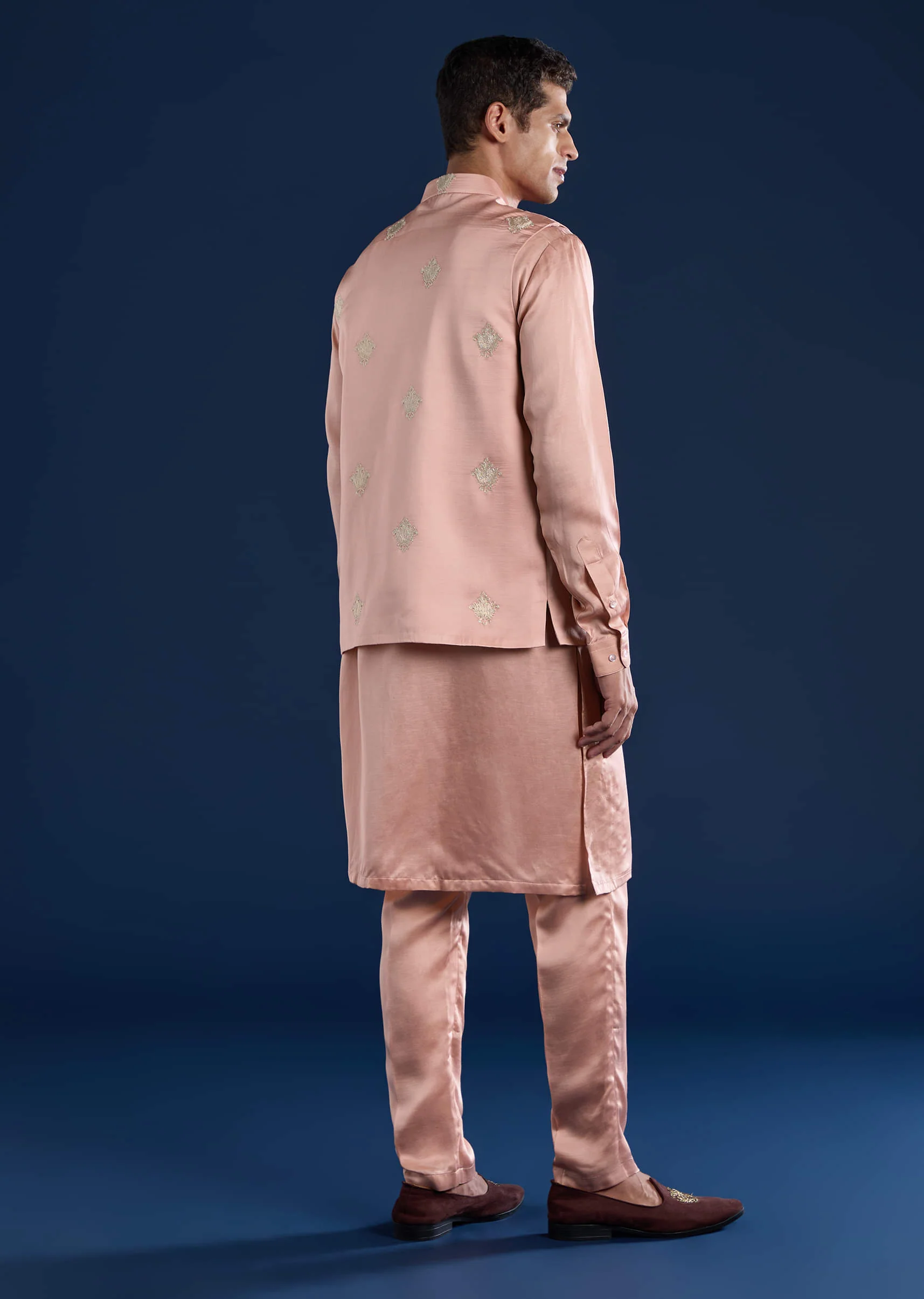 Pink Linen Silk Jacket Kurta Set with Zari Work - Image 5
