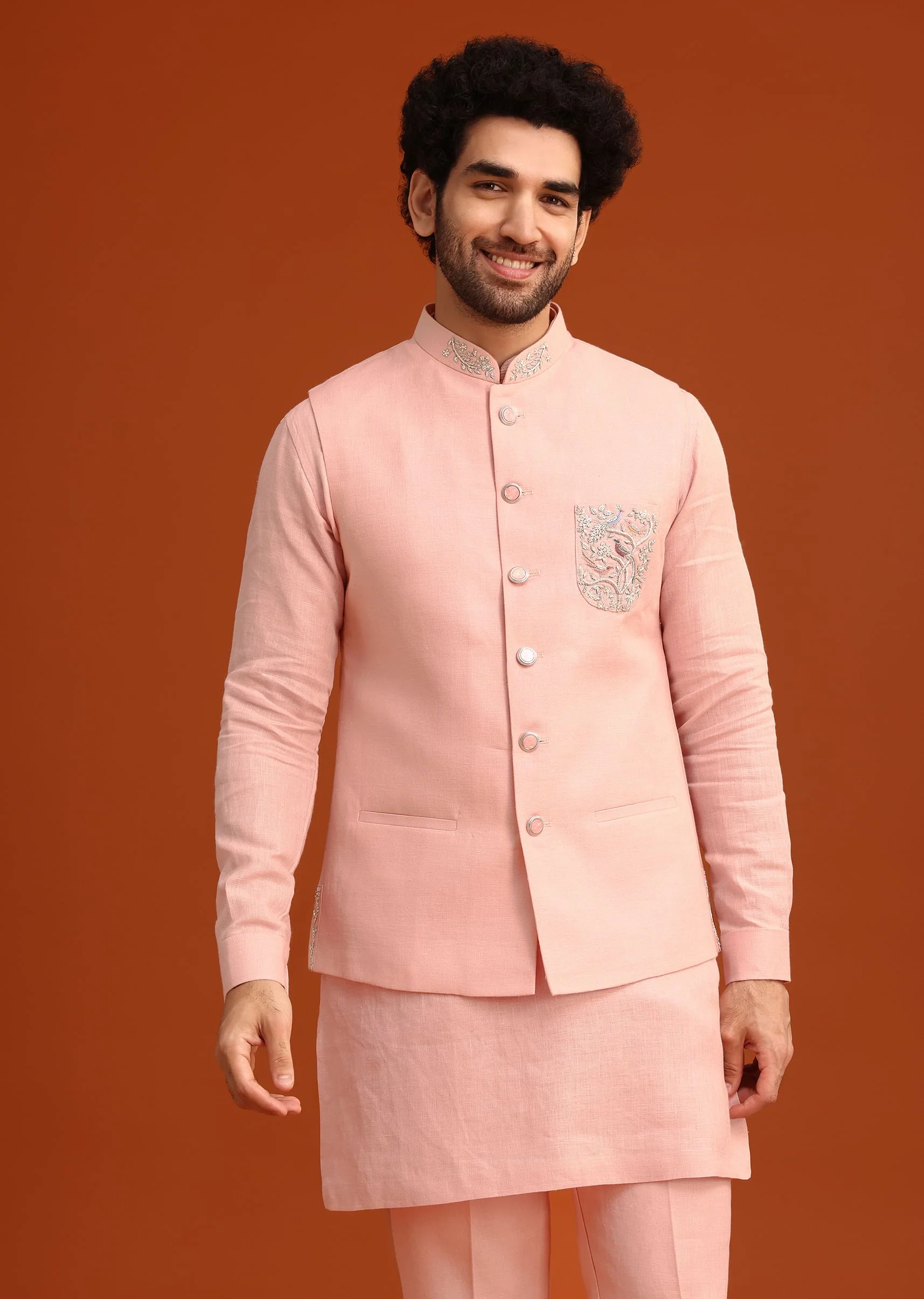 Pink Linen Zardosi Kurta Jacket Set - Image 3