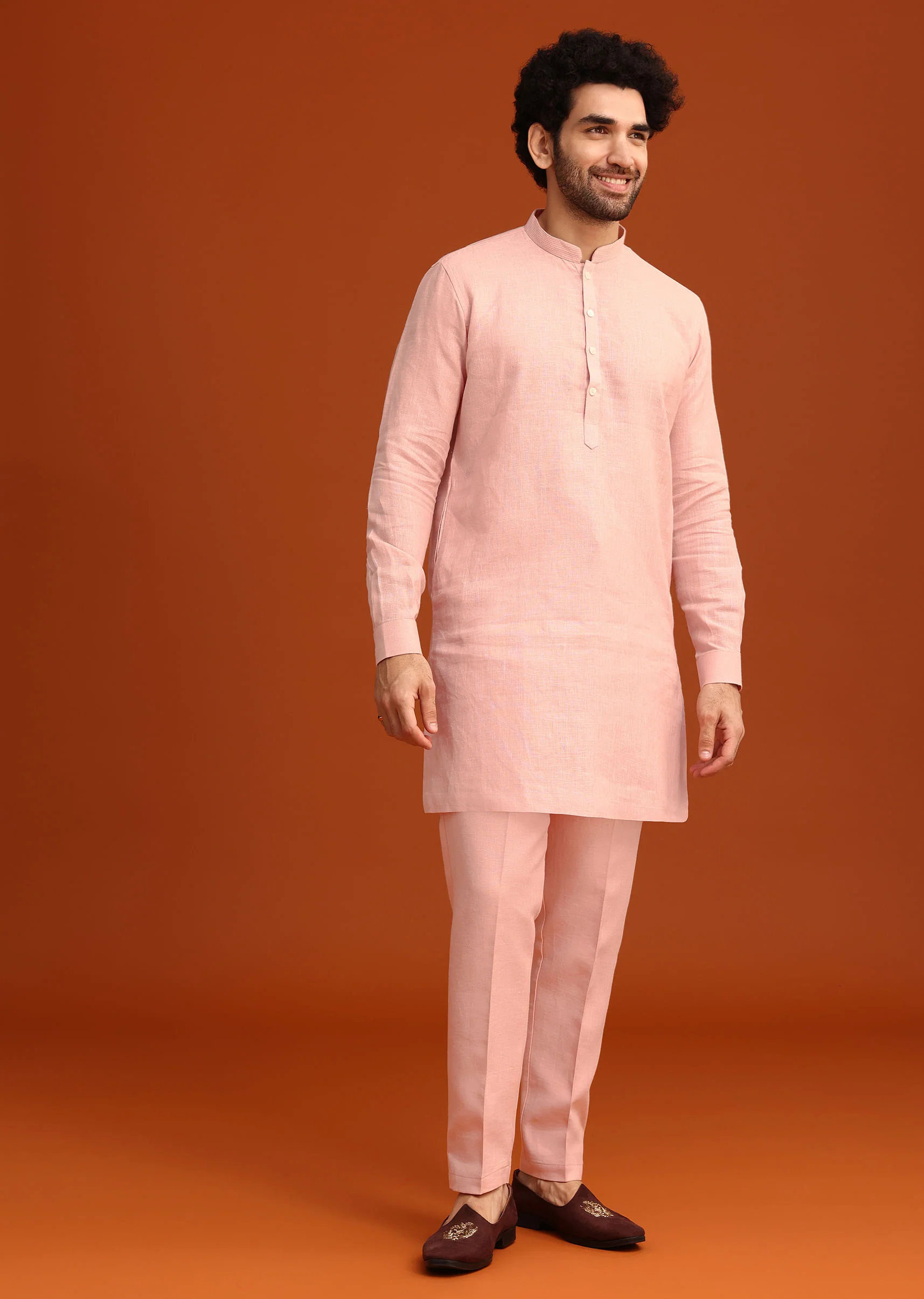 Pink Linen Zardosi Kurta Jacket Set - Image 5