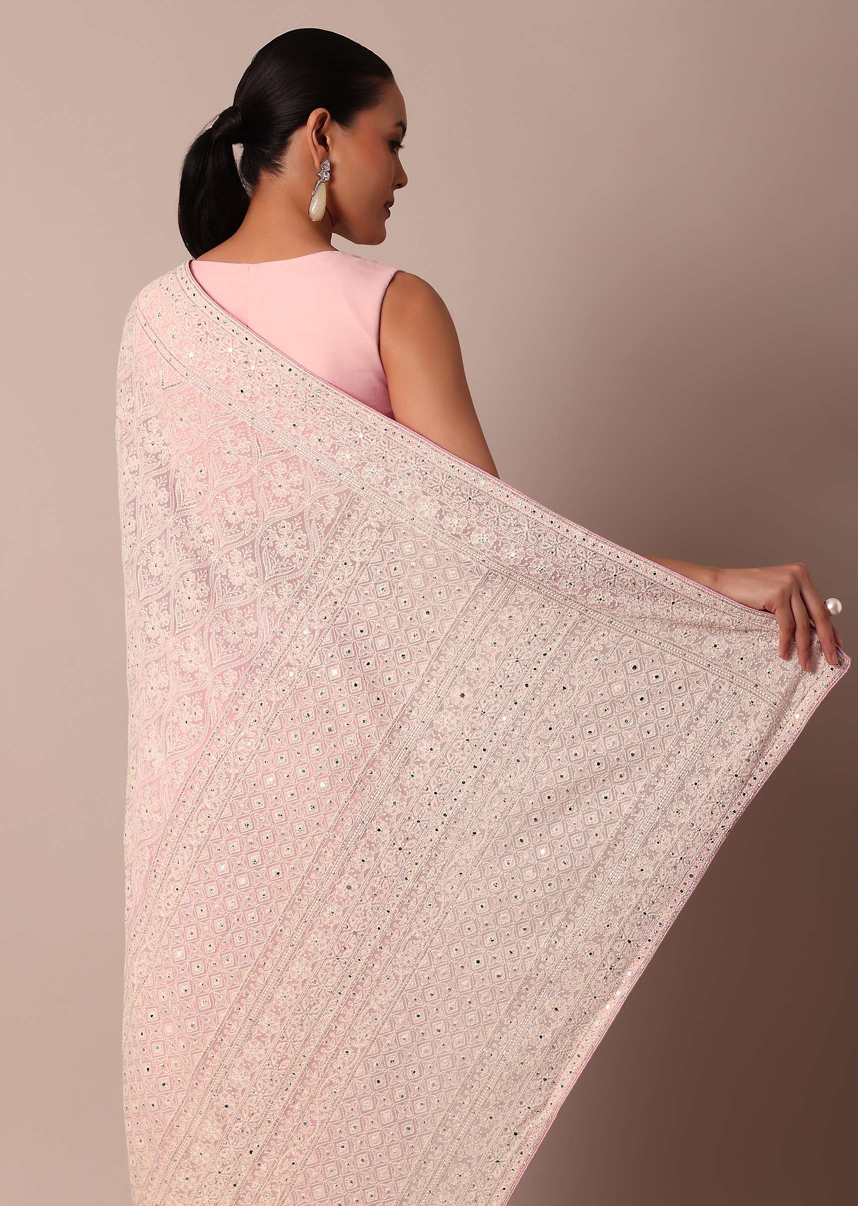 Pink Lucknowi Chikankari Saree With Sequin Embellishments - Image 4