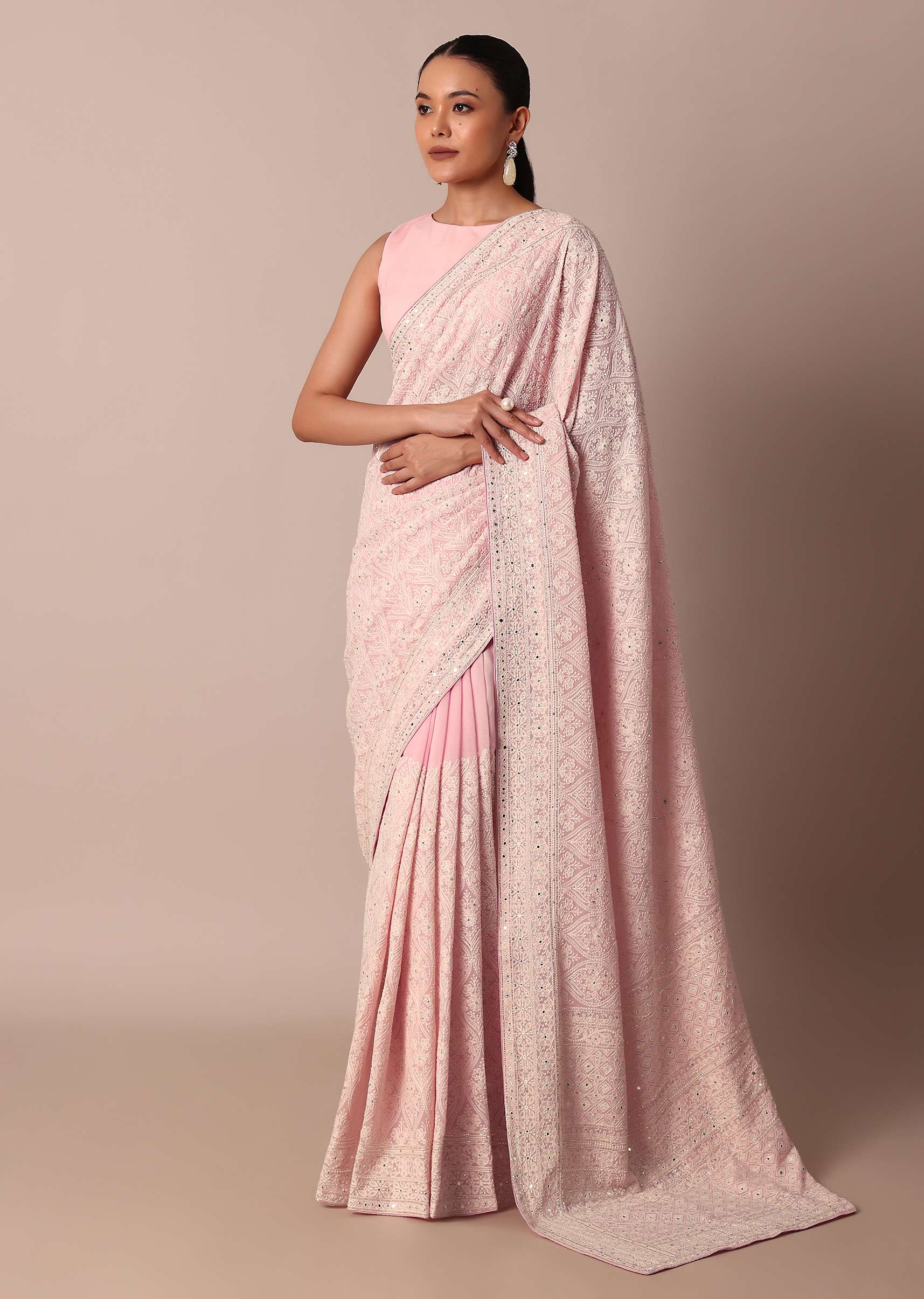 Pink Lucknowi Chikankari Saree With Sequin Embellishments - Image 5