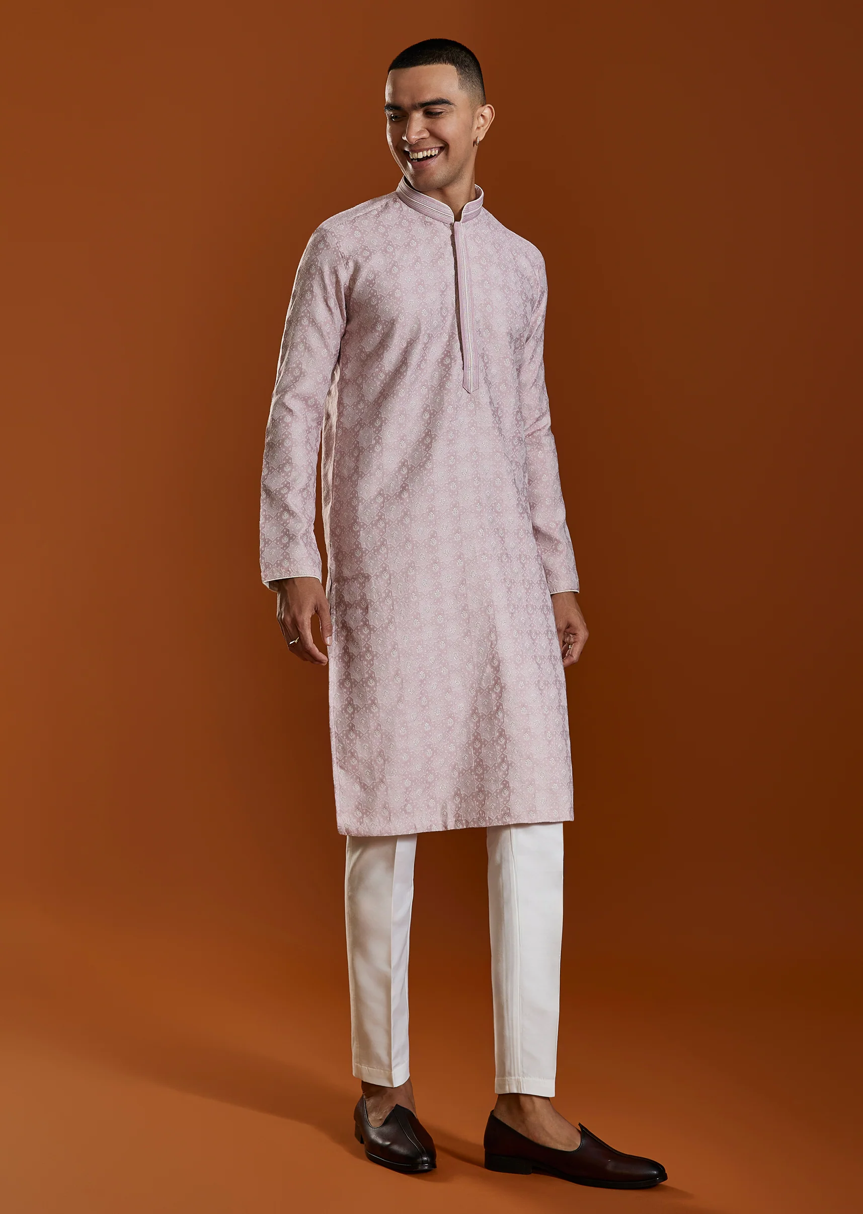 Pink Mens Jacquard Self Work Straight Kurta and Pant Set - Image 3