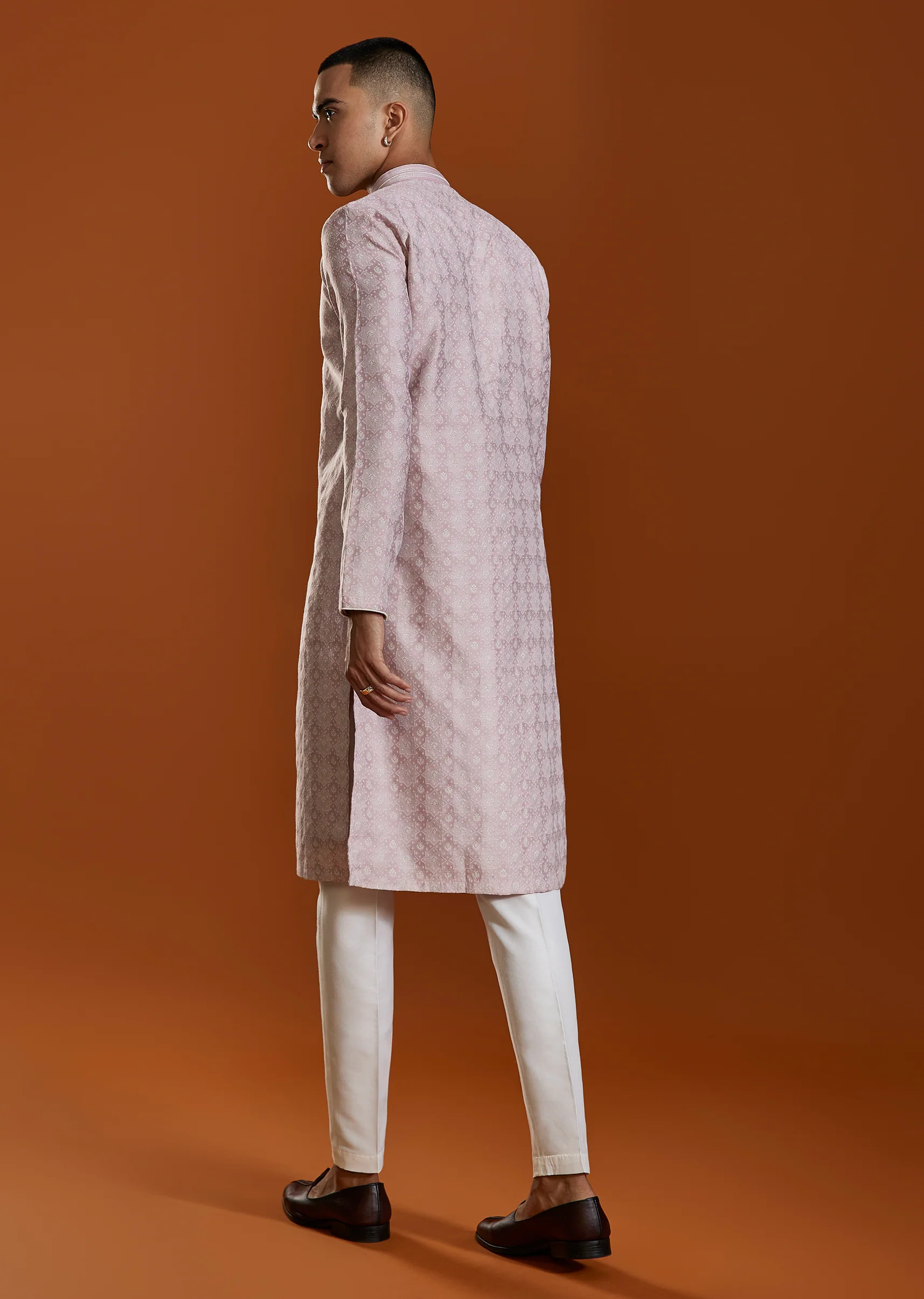 Pink Mens Jacquard Self Work Straight Kurta and Pant Set - Image 5