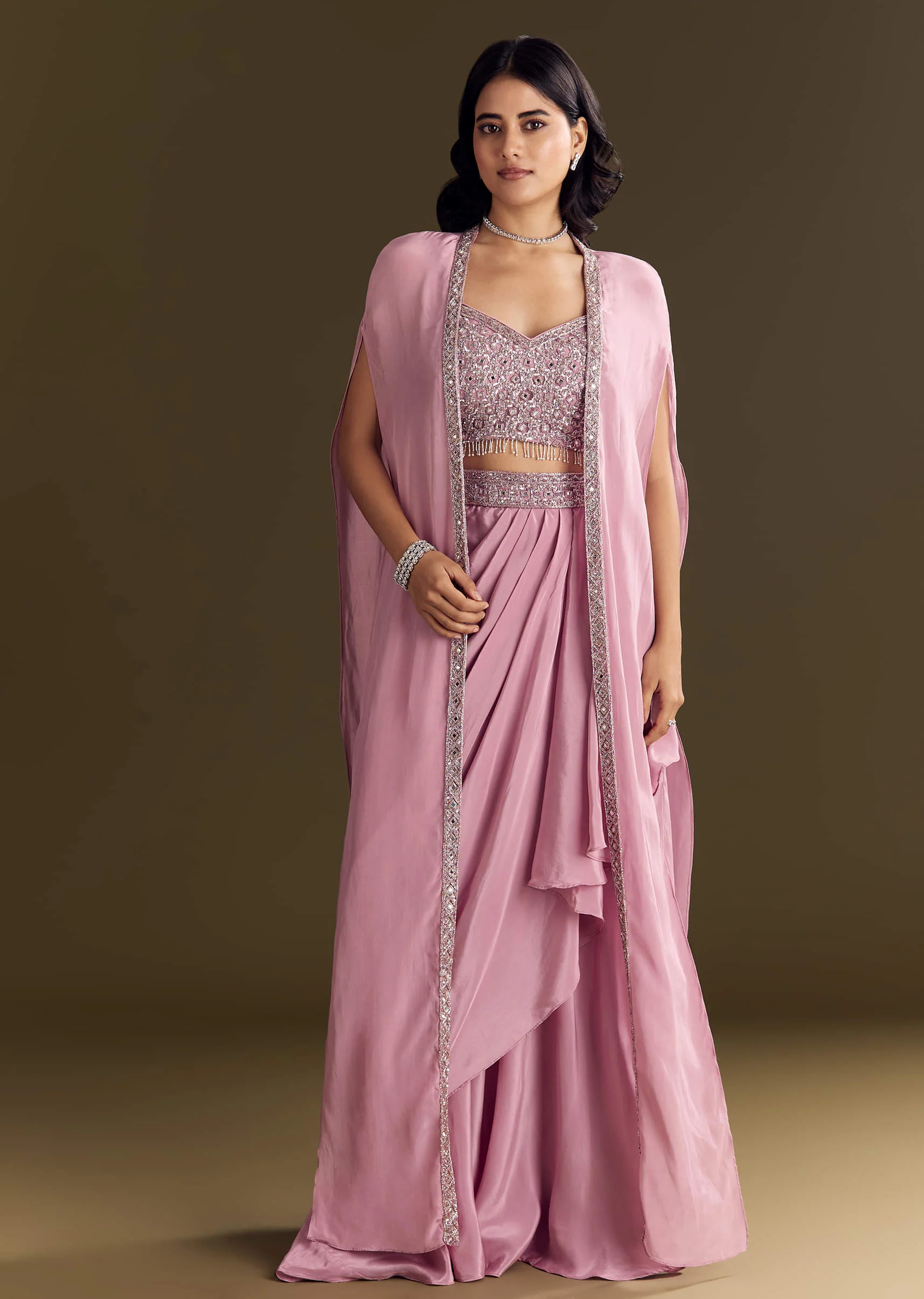 Pink Mirror Sequin Embroidered Croptop Skirt With Cape - Image 2