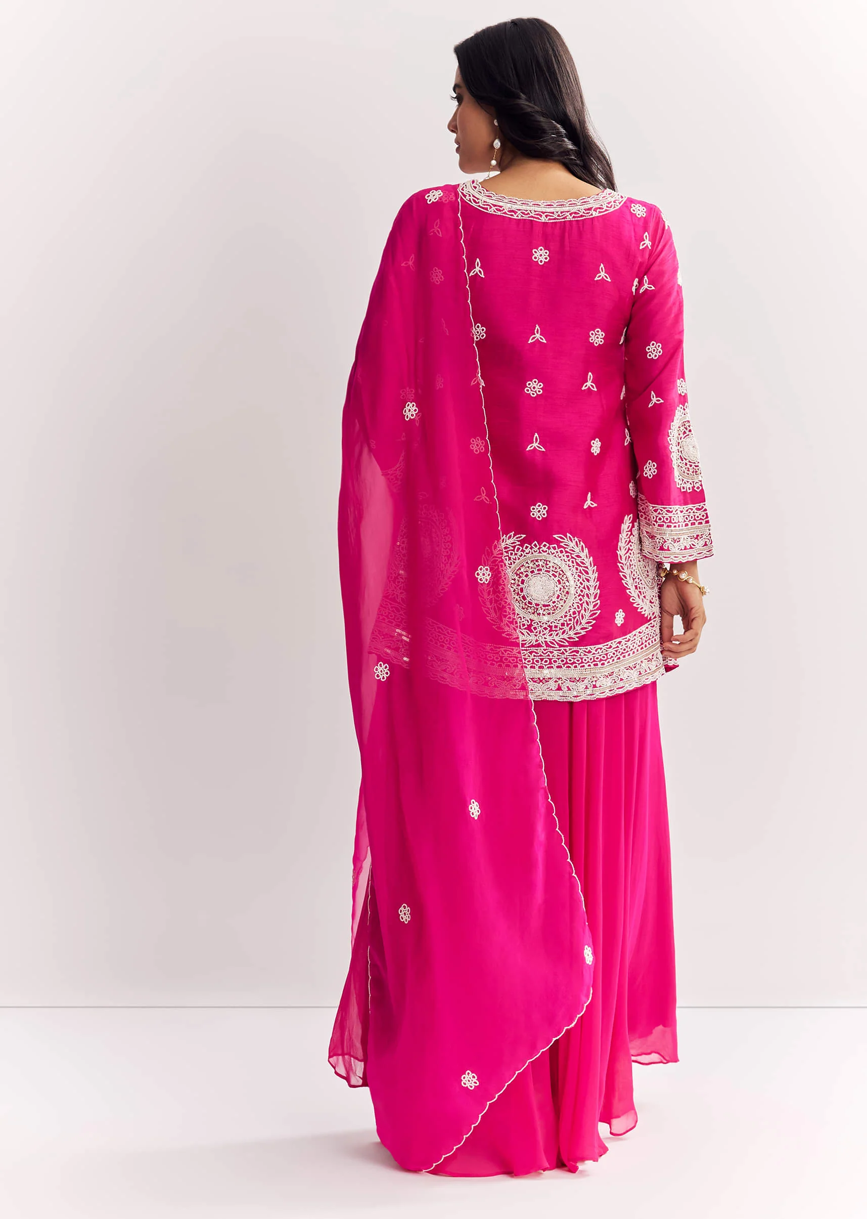 Pink Moti Work Short Kurta Palazzo Suit With Organza Dupatta - Image 5