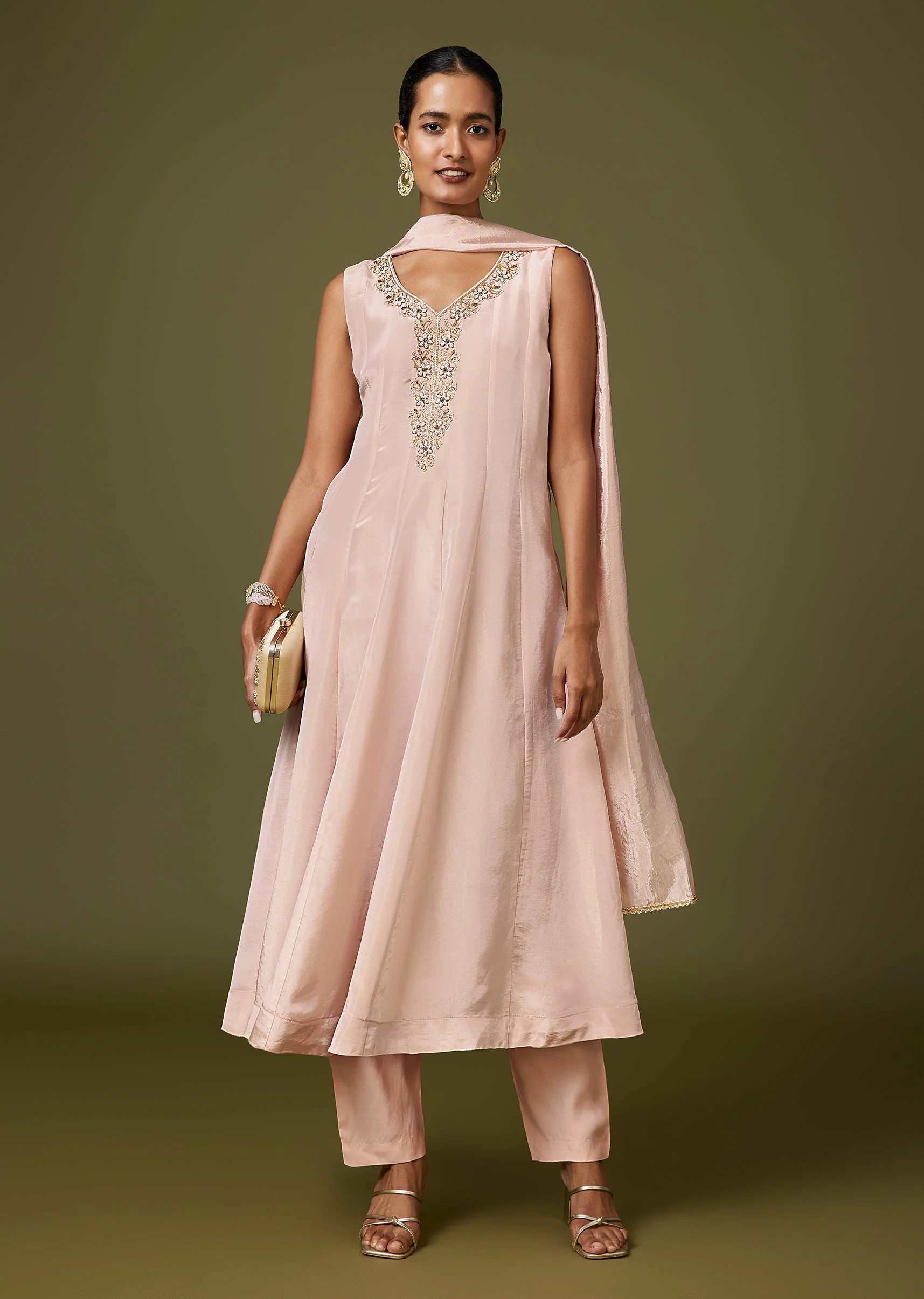 Pink Moti Zardozi Tissue Anarkali Pant Set With Dupatta