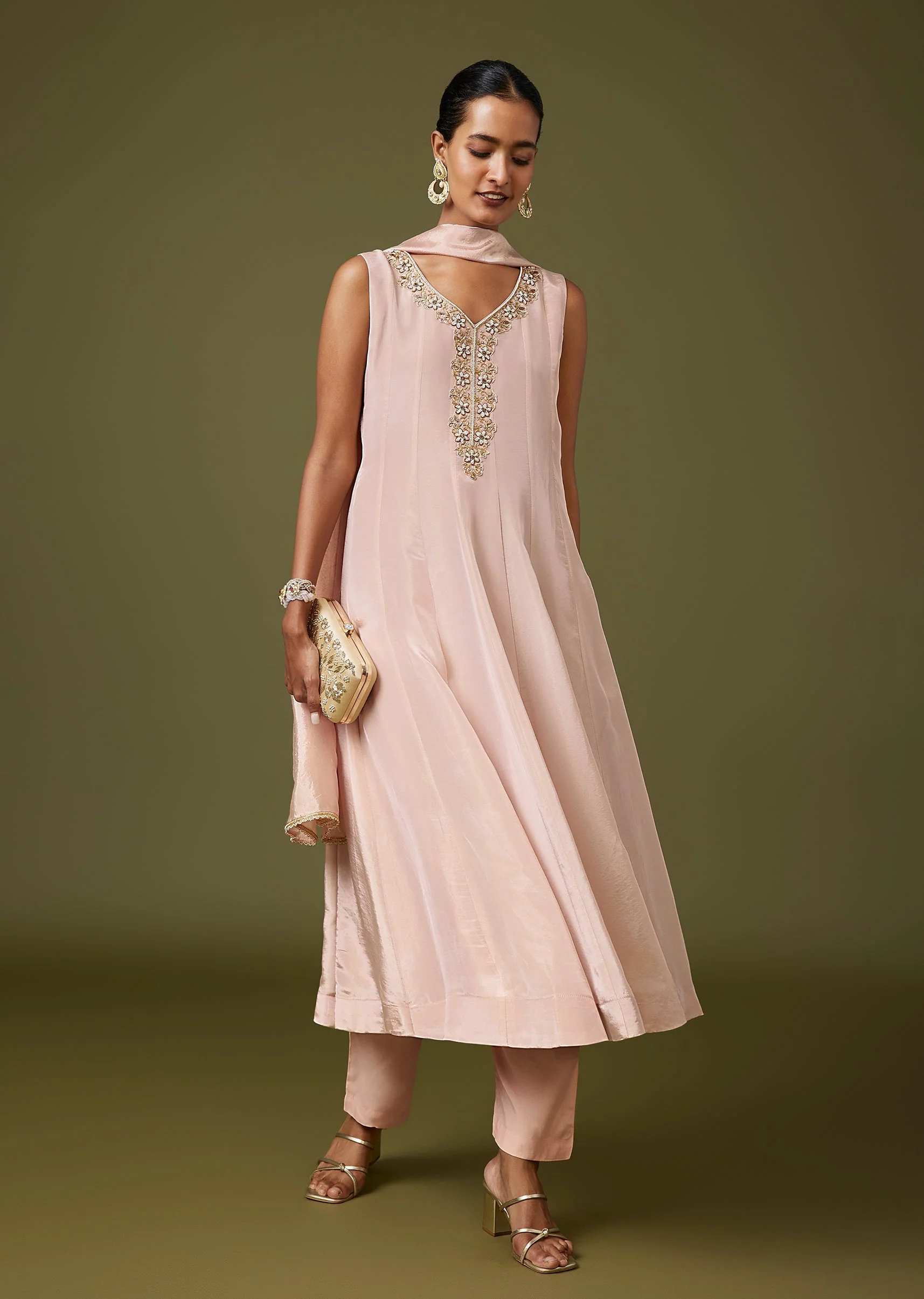 Pink Moti Zardozi Tissue Anarkali Pant Set With Dupatta - Image 3