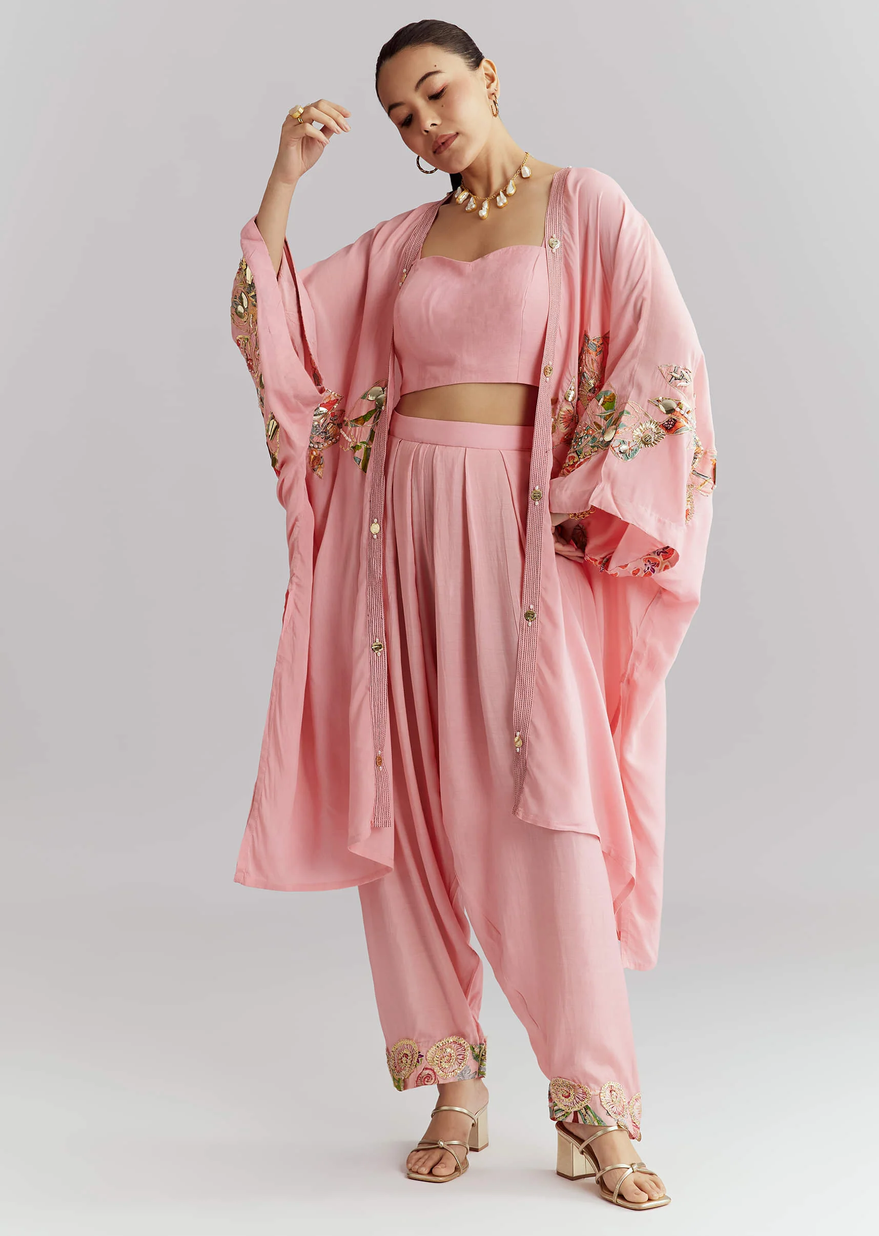 Pink Muslin Crop Top And Jacket Set With Gotta Work - Image 3