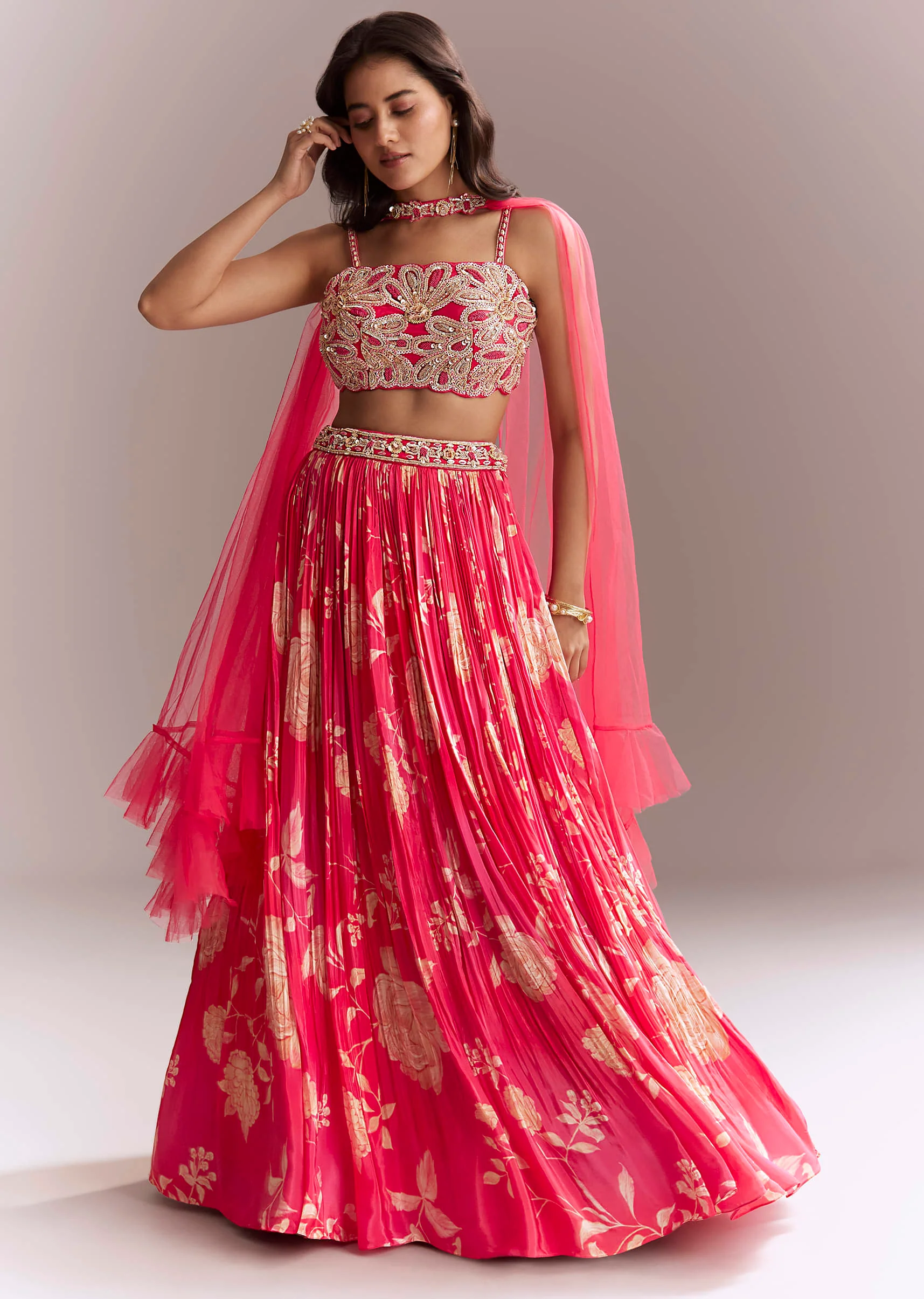 Pink Net Bridesmaid Lehenga With Floral Print And Heavy Embroidery