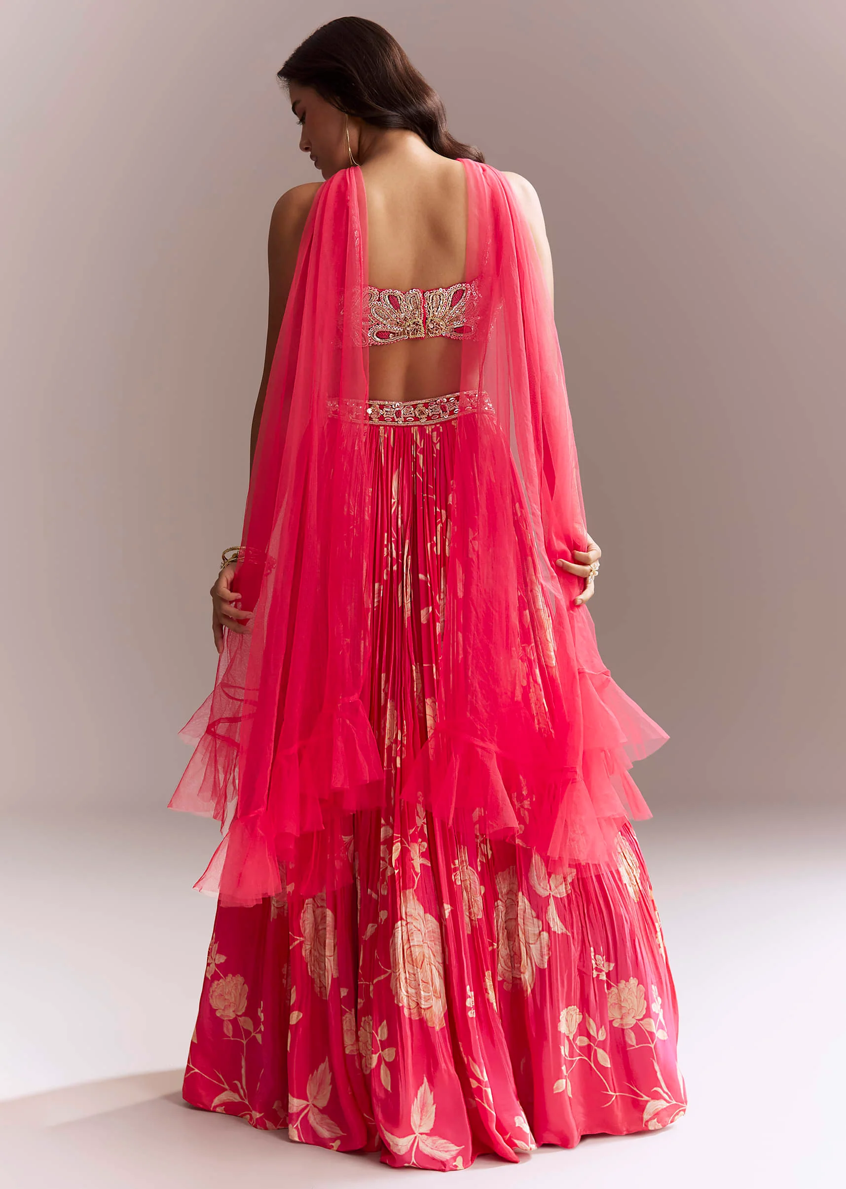 Pink Net Bridesmaid Lehenga With Floral Print And Heavy Embroidery - Image 2