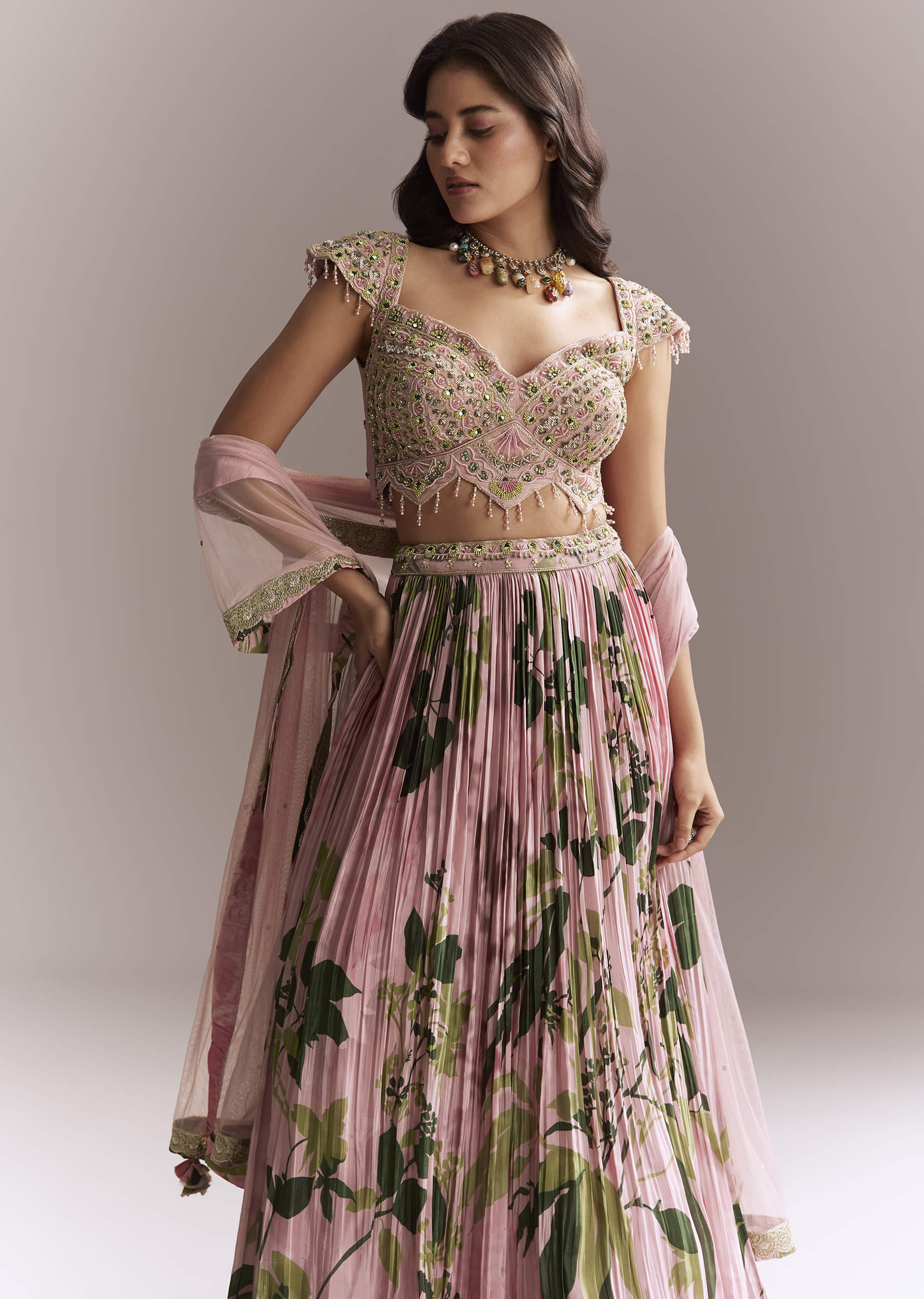 Pink Net Floral Bridesmaid Lehenga With Heavy Embroidery - Image 5