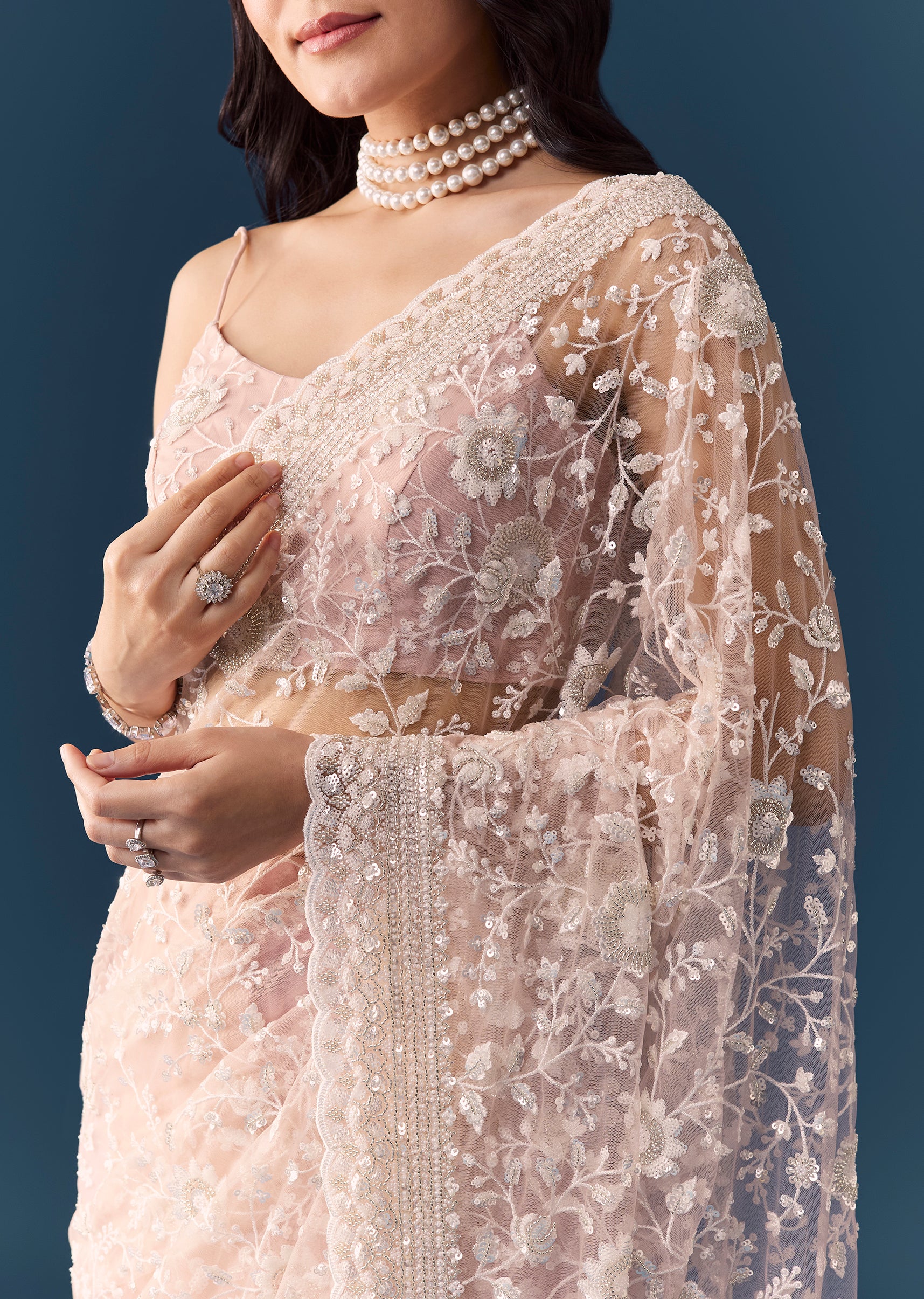 Pink Net Jaal Resham Saree with Unstitched Blouse - Image 2