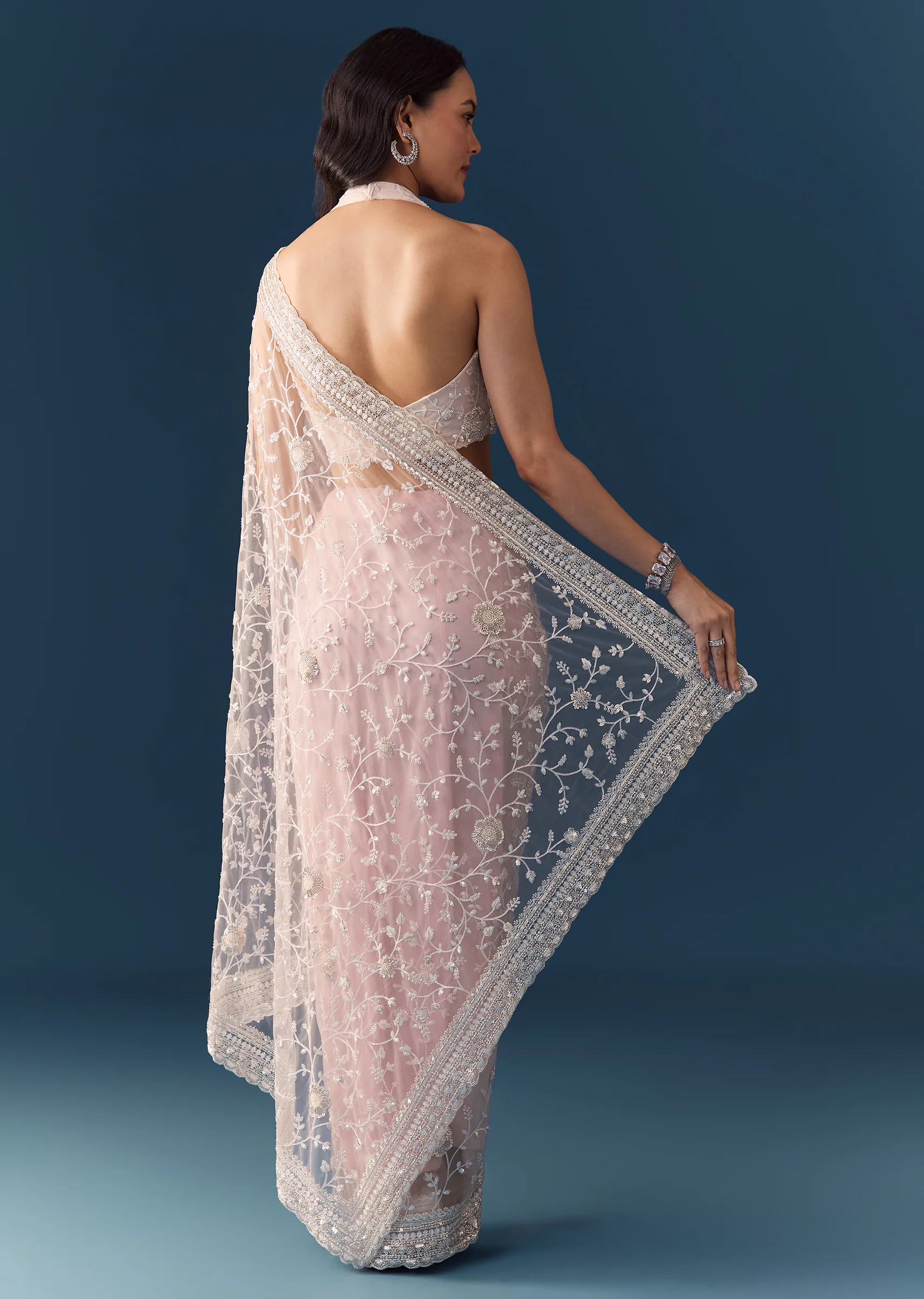 Pink Net Jaal Resham Work Saree with Unstitched Blouse - Image 5