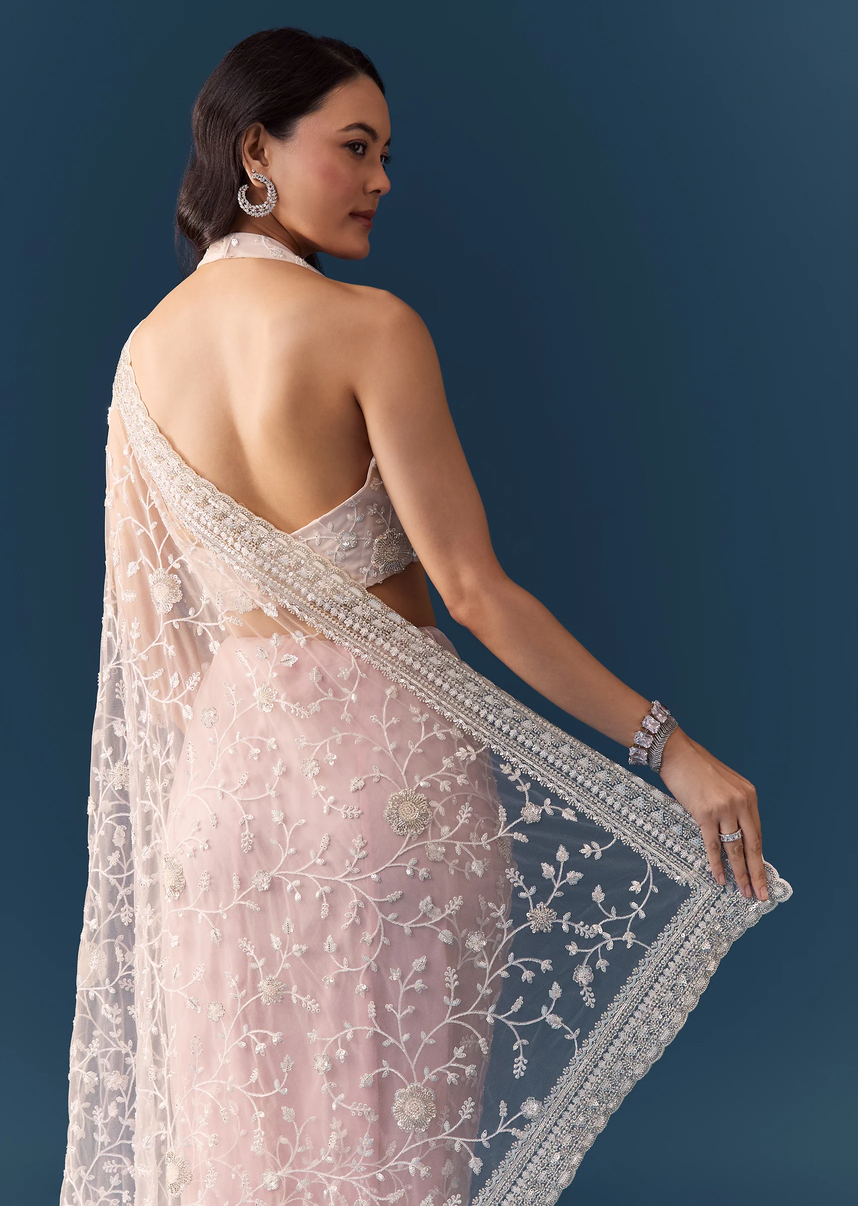 Pink Net Jaal Resham Work Saree with Unstitched Blouse - Image 6