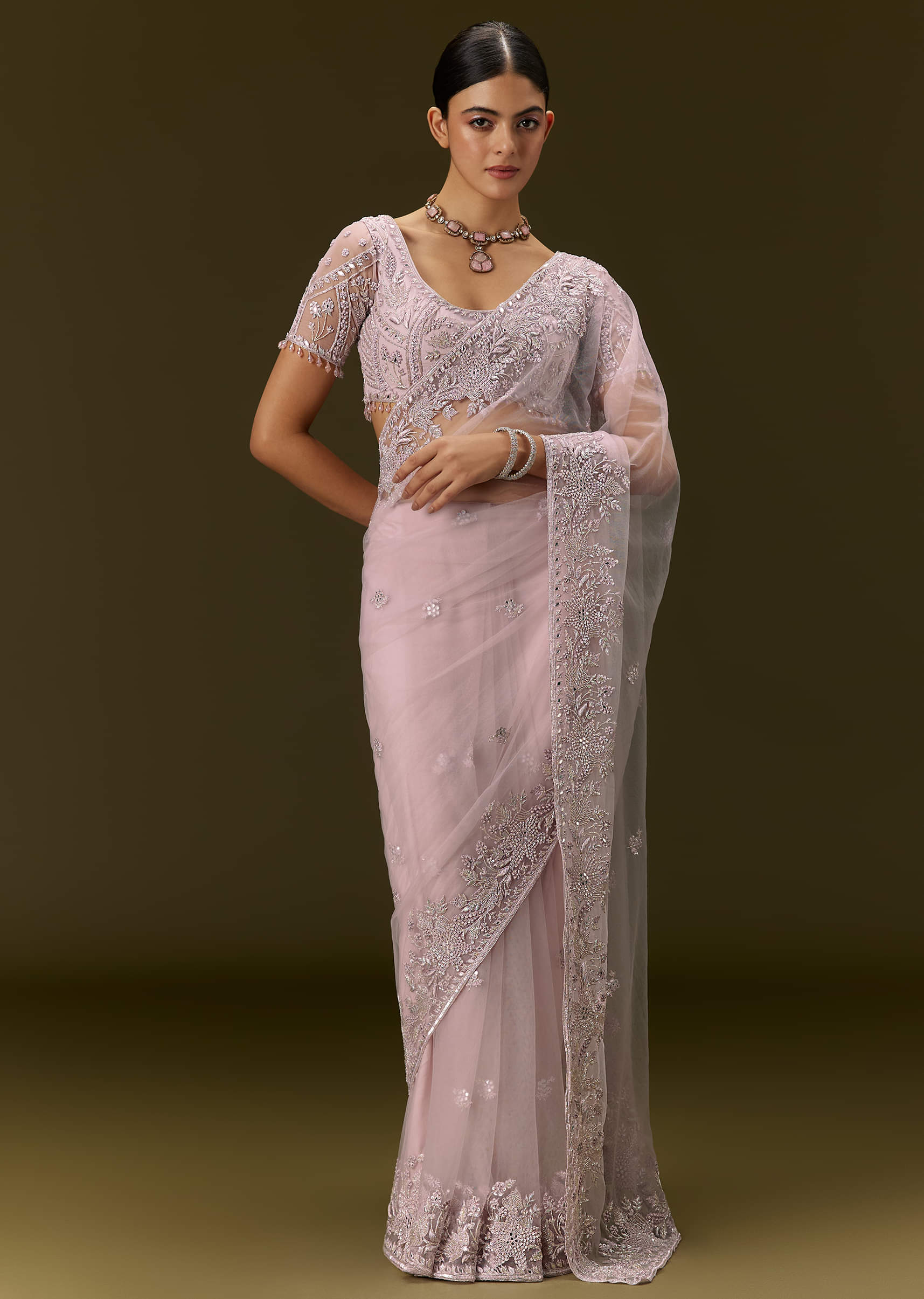 Pink Net Saree With All Over Embroidery - Image 2