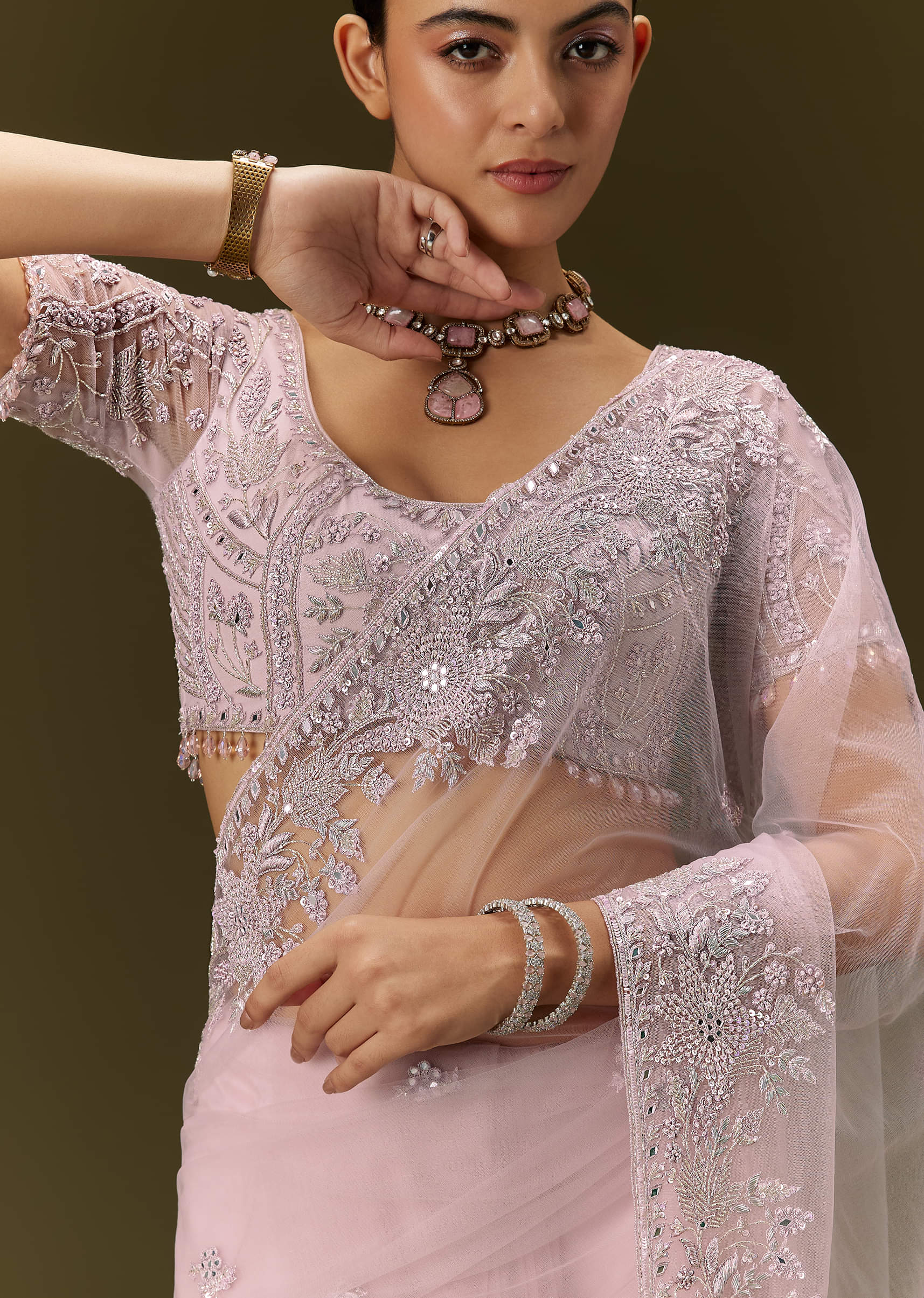 Pink Net Saree With All Over Embroidery - Image 3