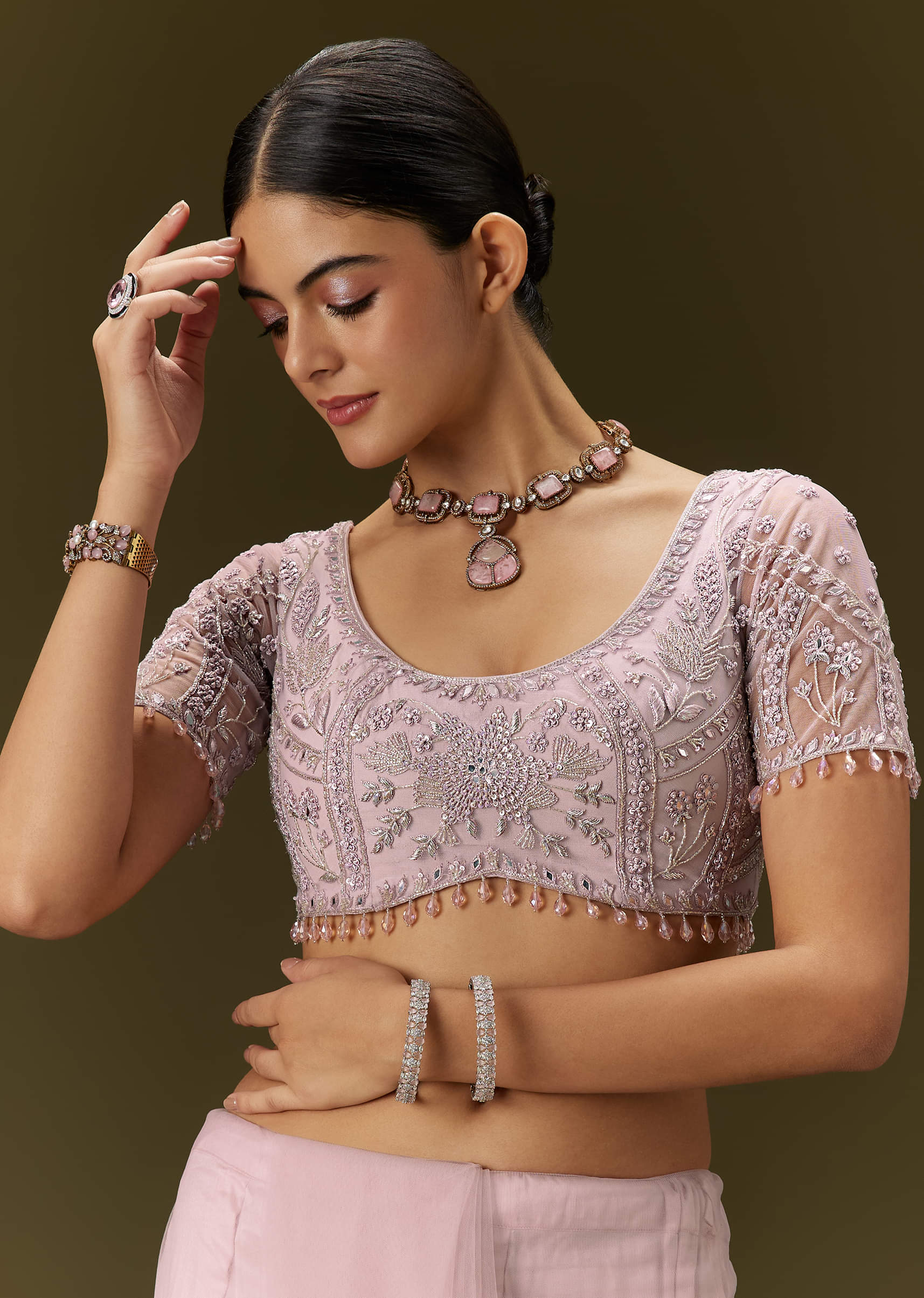 Pink Net Saree With All Over Embroidery - Image 7