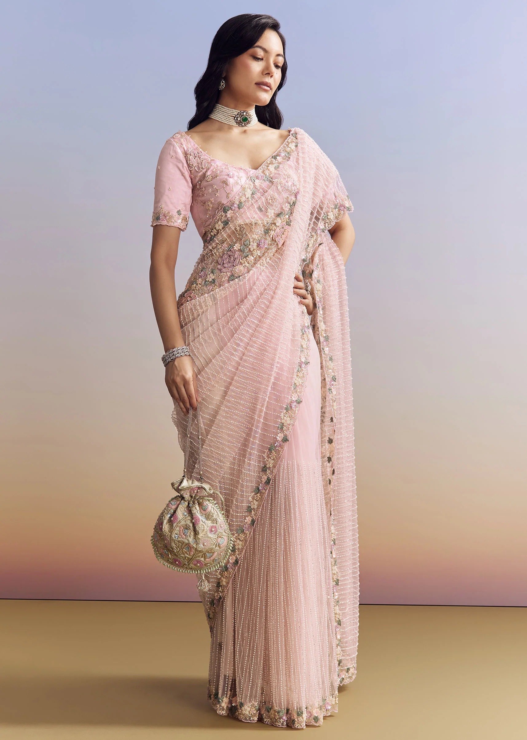 Pink Net Saree With Pastel Floral Embroidery And Resham Detailing - Image 3