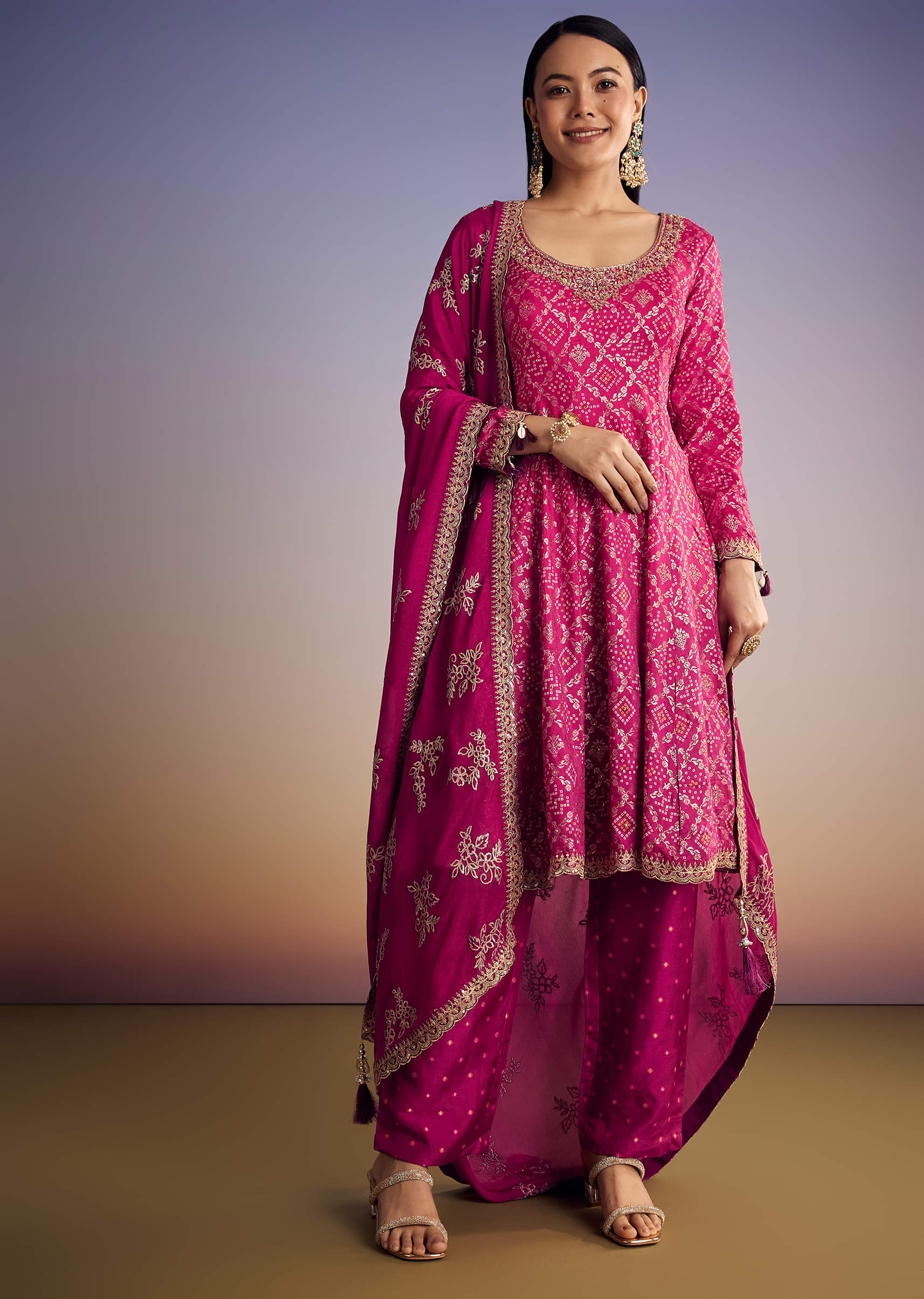 Pink Ombre Bandhani Anarkali Suit With Zardosi Neckline - Image 3