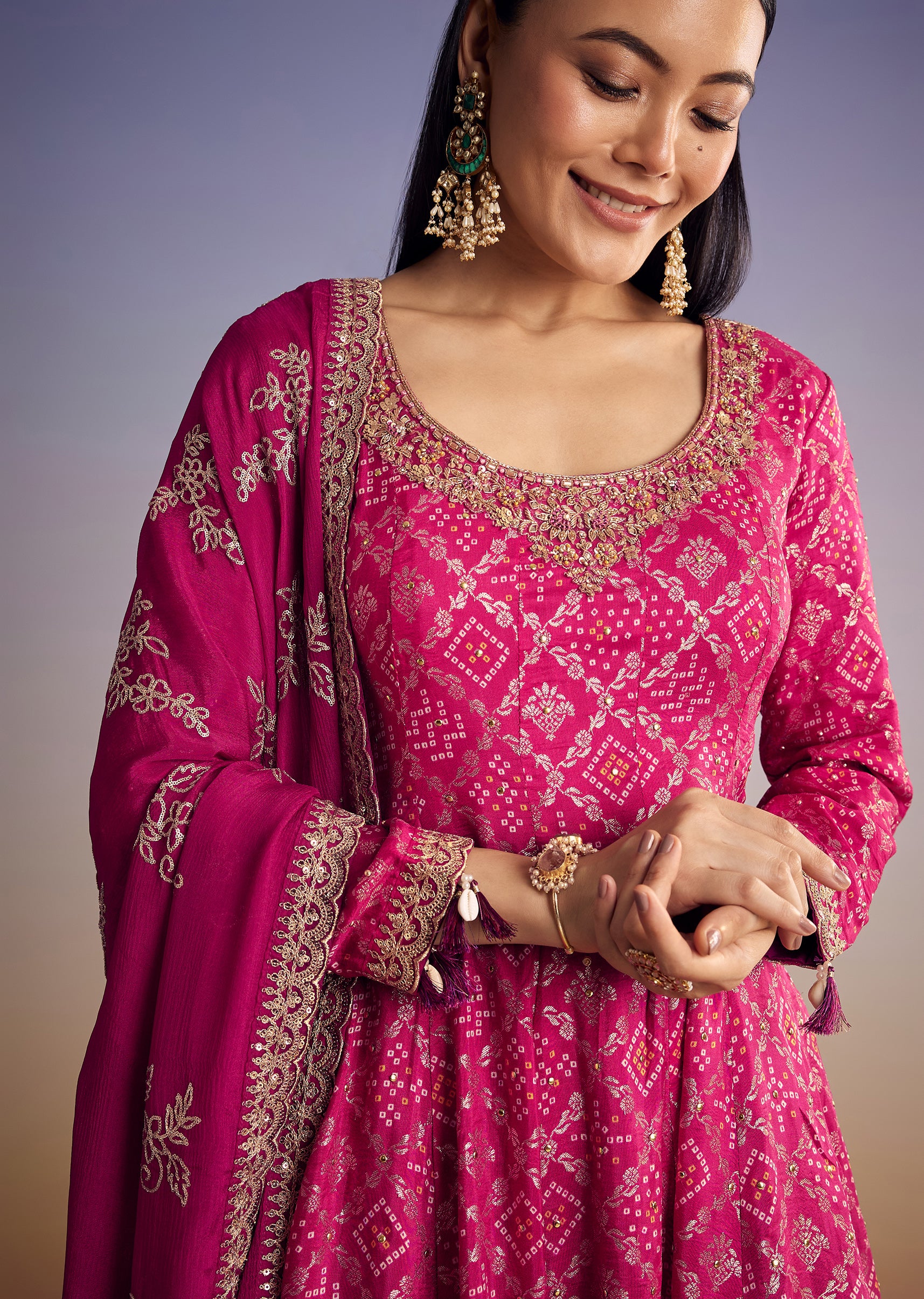 Pink Ombre Bandhani Anarkali Suit With Zardosi Neckline - Image 4