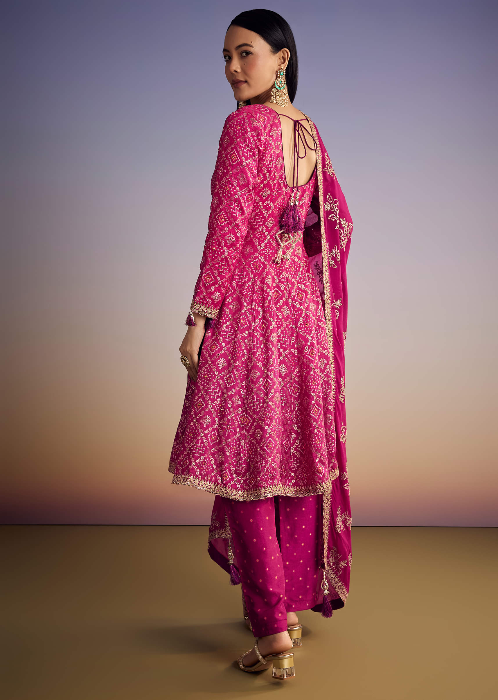 Pink Ombre Bandhani Anarkali Suit With Zardosi Neckline - Image 5