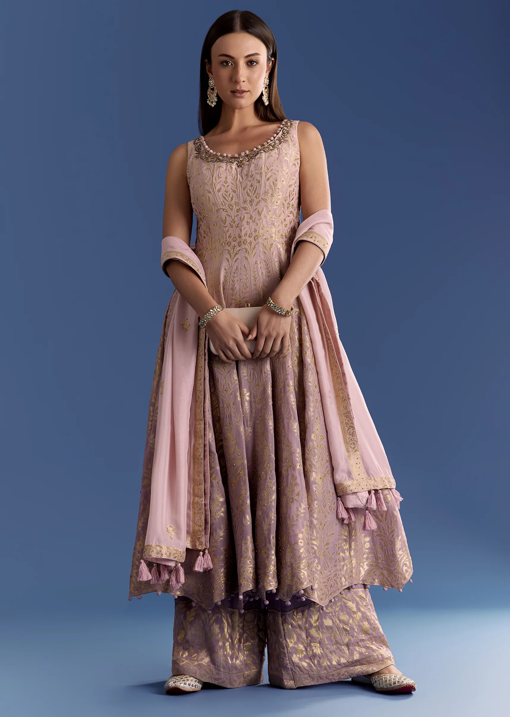 Pink Ombre Georgette Anarkali With Cutdana Neck And Zari Dupatta - Image 4