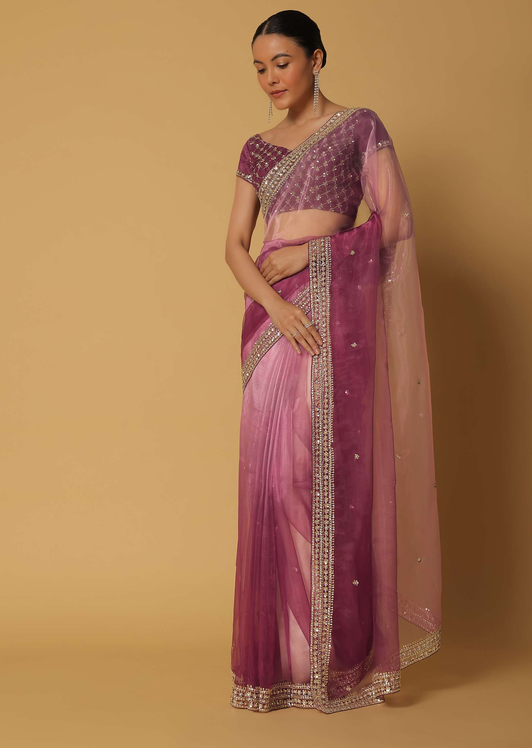 Pink Ombre Glass Organza Saree With Sequin Work Pallu And Unstitched Blouse Fabric - Image 3