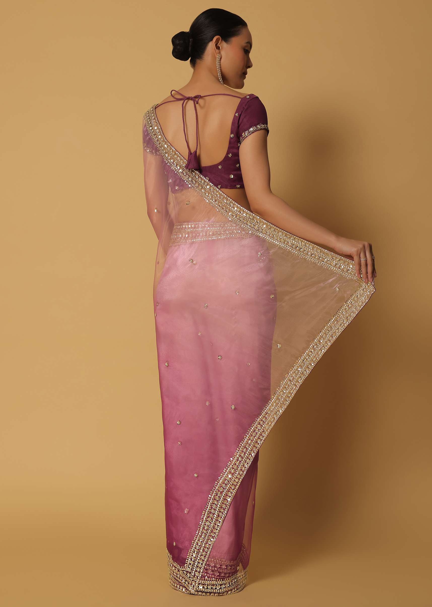 Pink Ombre Glass Organza Saree With Sequin Work Pallu And Unstitched Blouse Fabric - Image 4