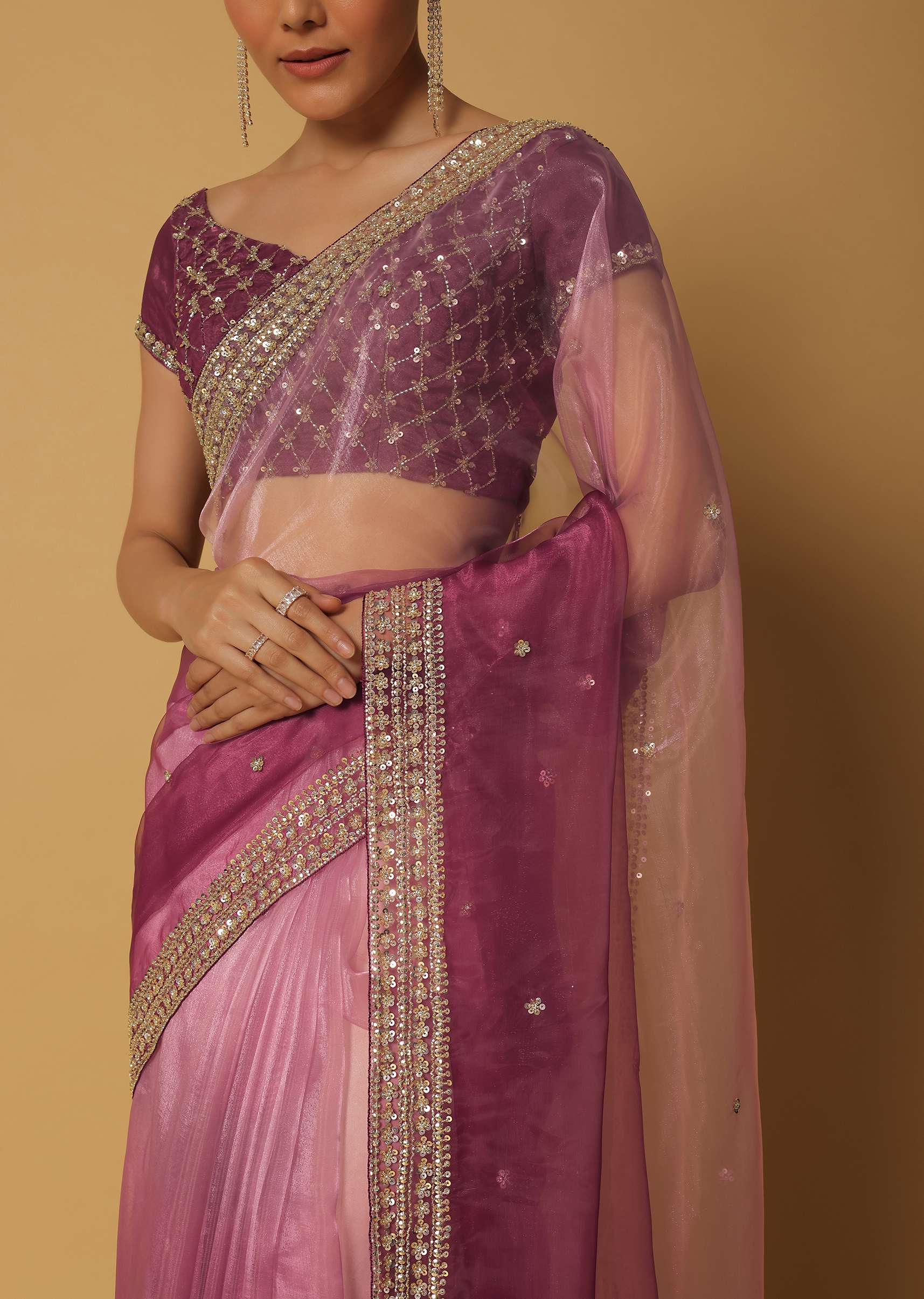 Pink Ombre Glass Organza Saree With Sequin Work Pallu And Unstitched Blouse Fabric - Image 5