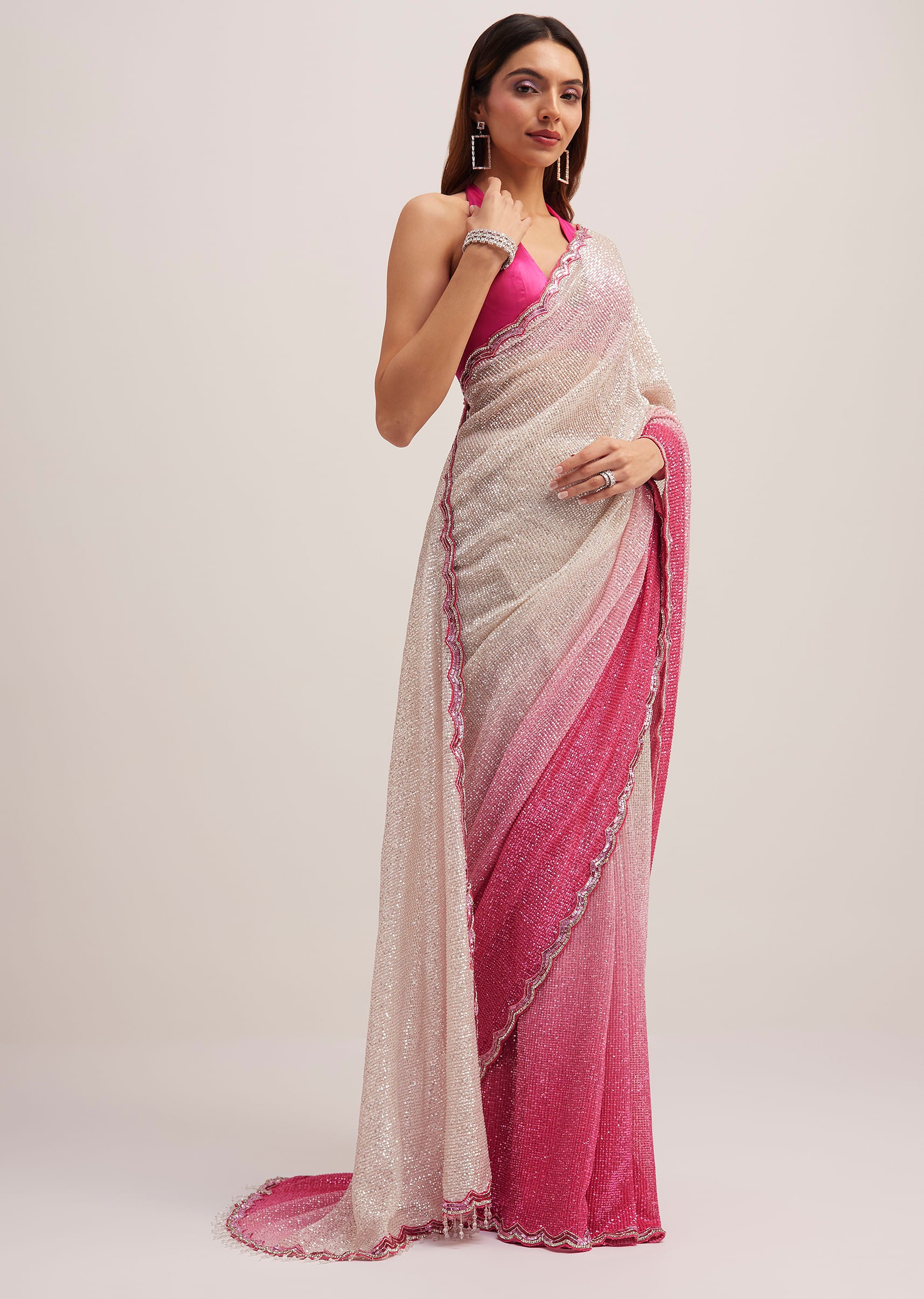 Pink Ombre Sequins Saree With Scallop Border - Image 3