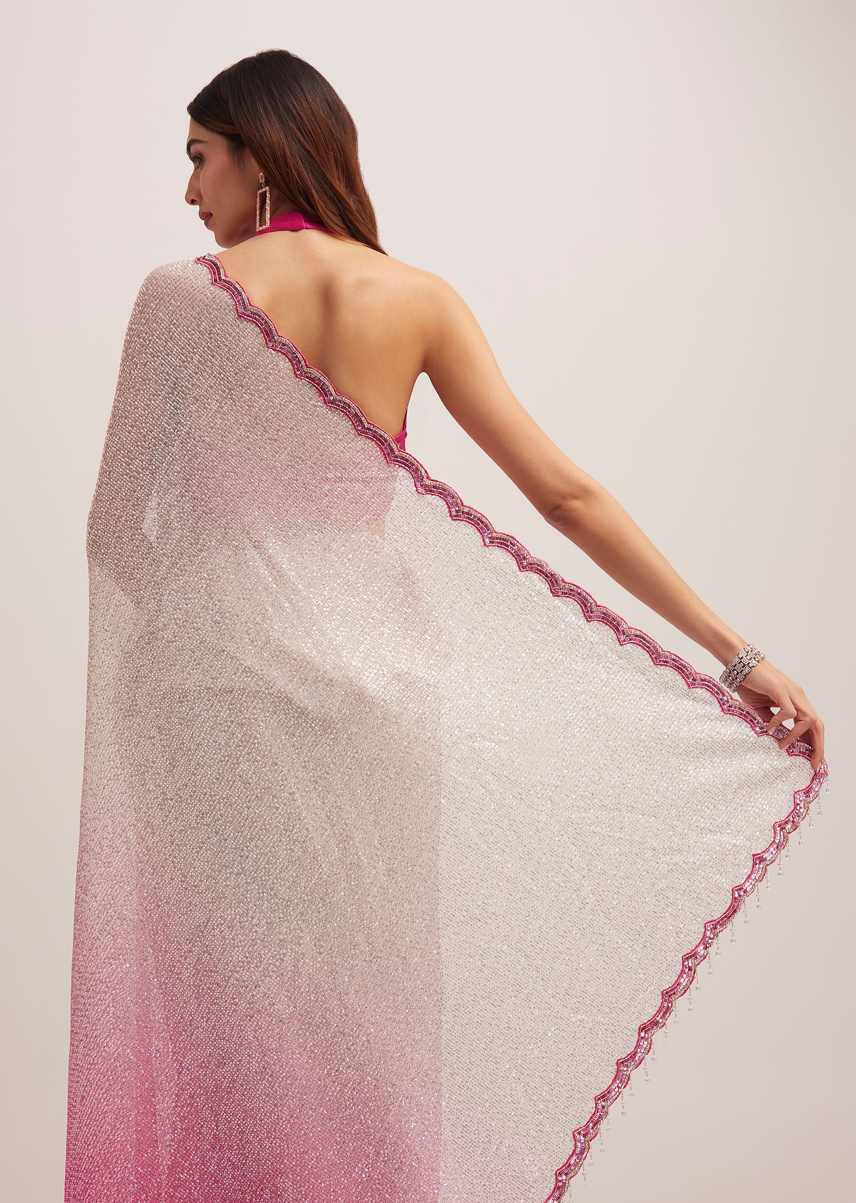 Pink Ombre Sequins Saree With Scallop Border - Image 5