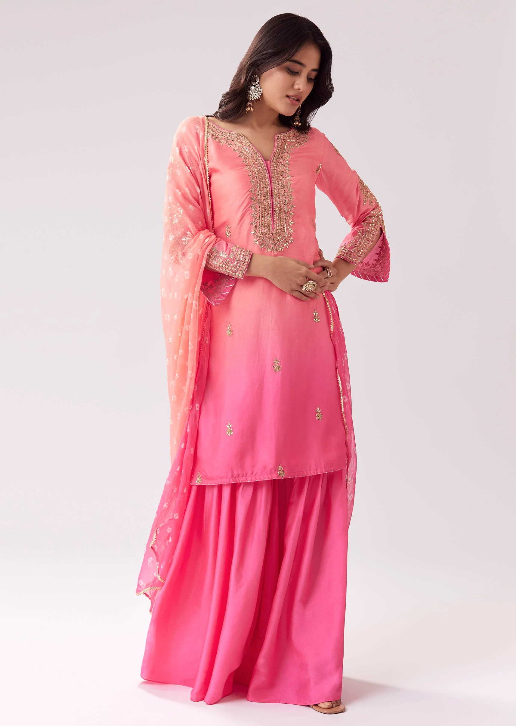 Pink Ombre Sharara Set With Gotta Work And Bandhani Dupatta - Image 3