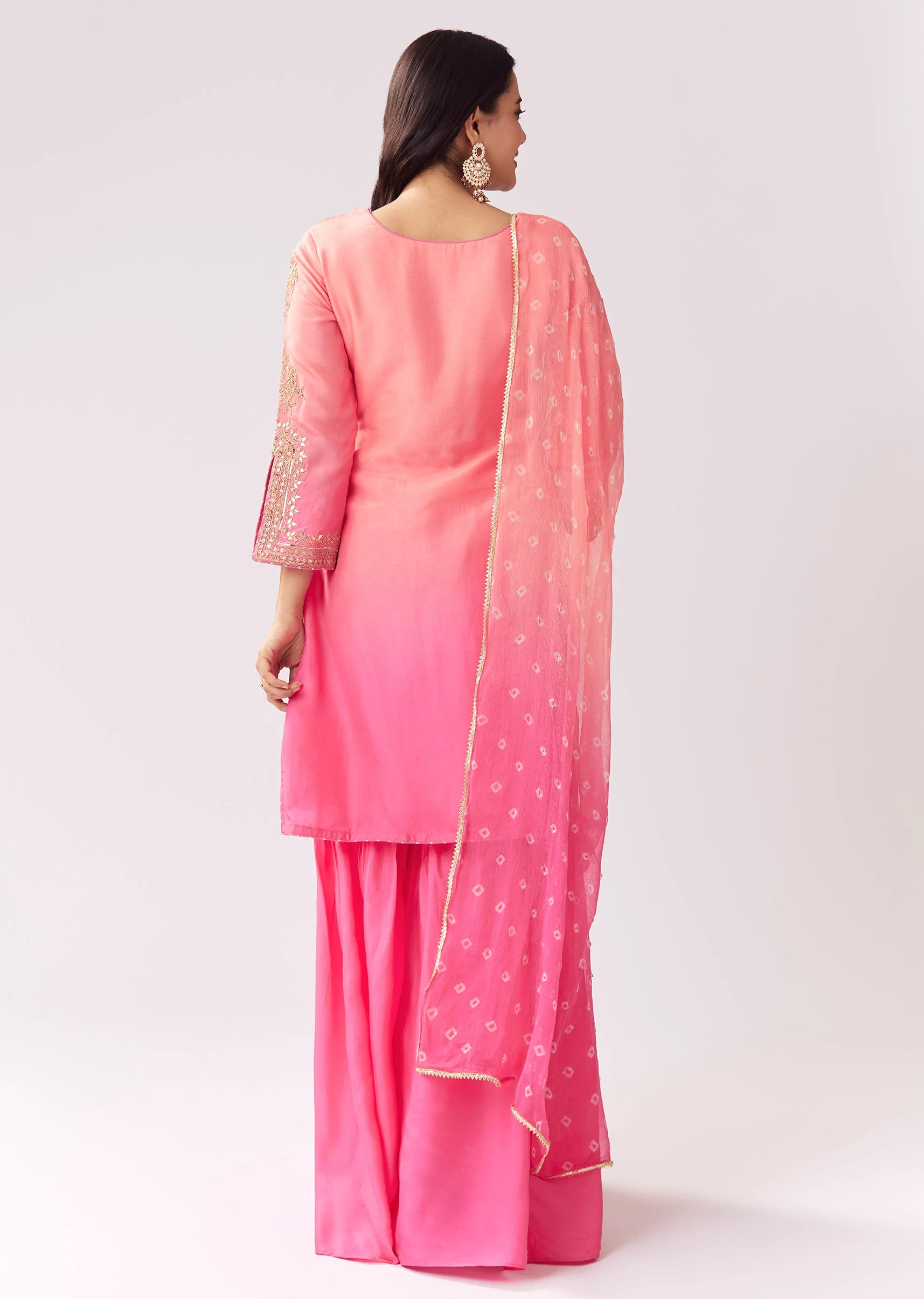 Pink Ombre Sharara Set With Gotta Work And Bandhani Dupatta - Image 5