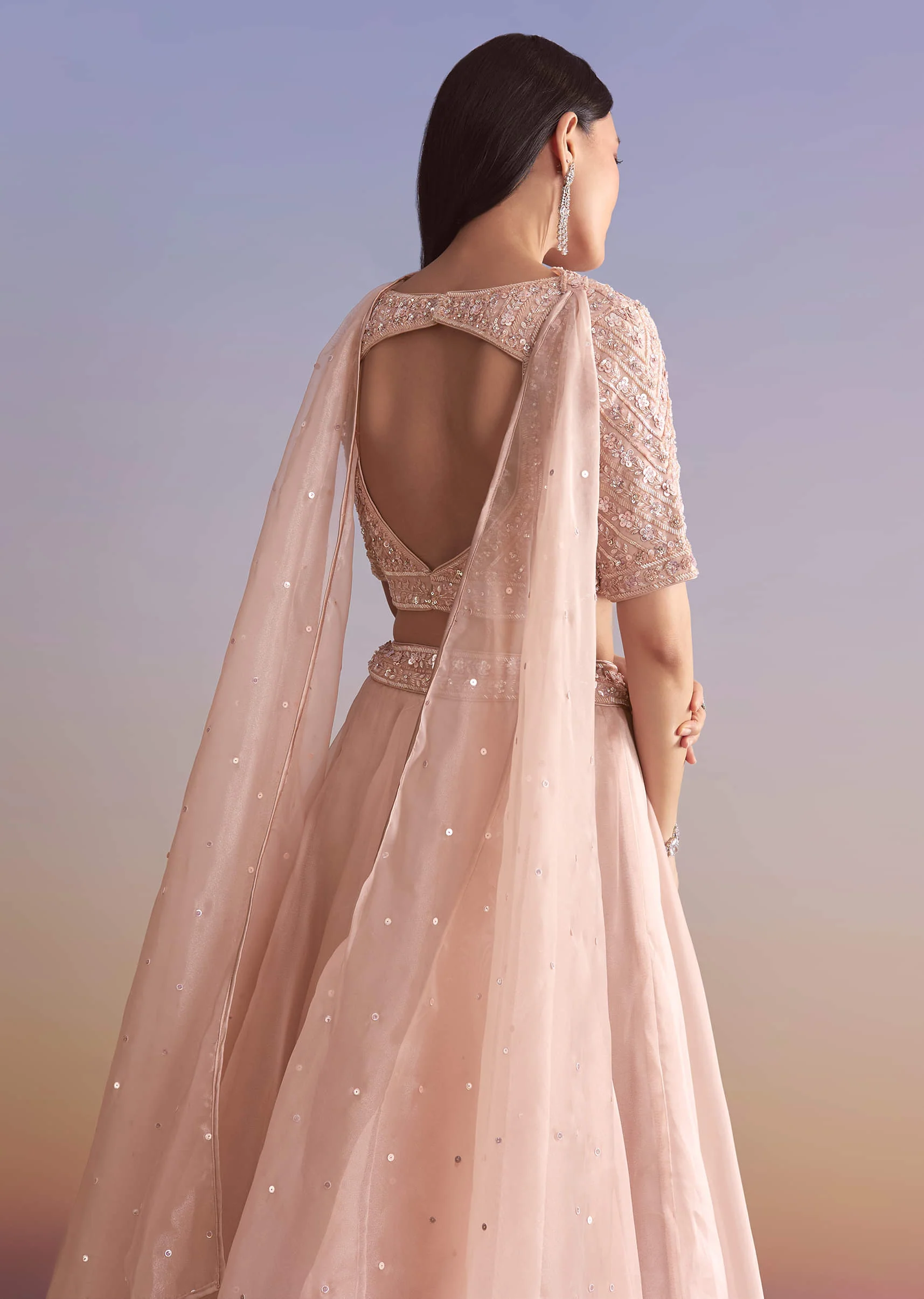Pink Organza Bridesmaid Lehenga With Sequins And Cutdana Embroidery - Image 6