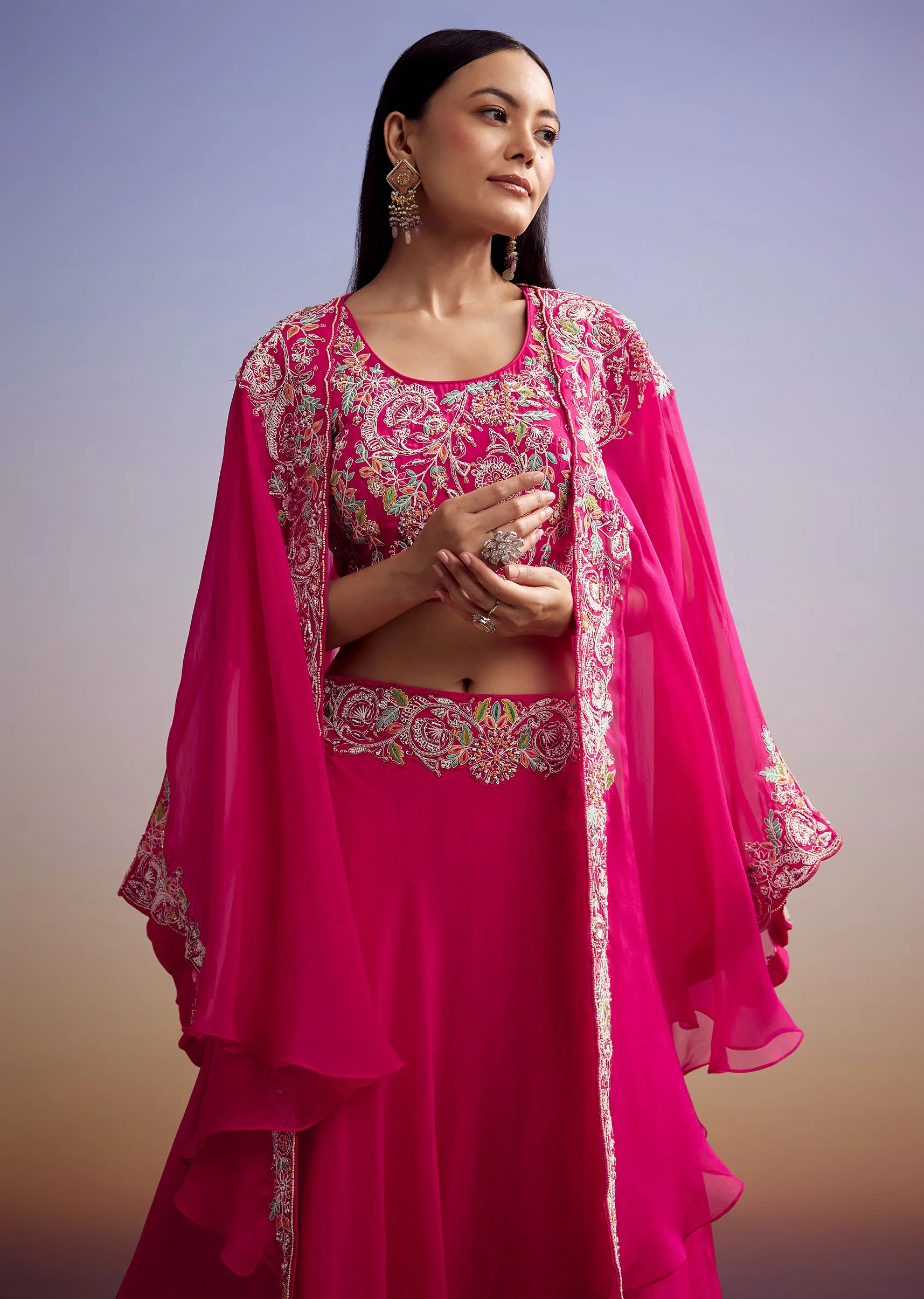 Pink Organza Crop Top And Skirt Set With Embroidered Cape - Image 4