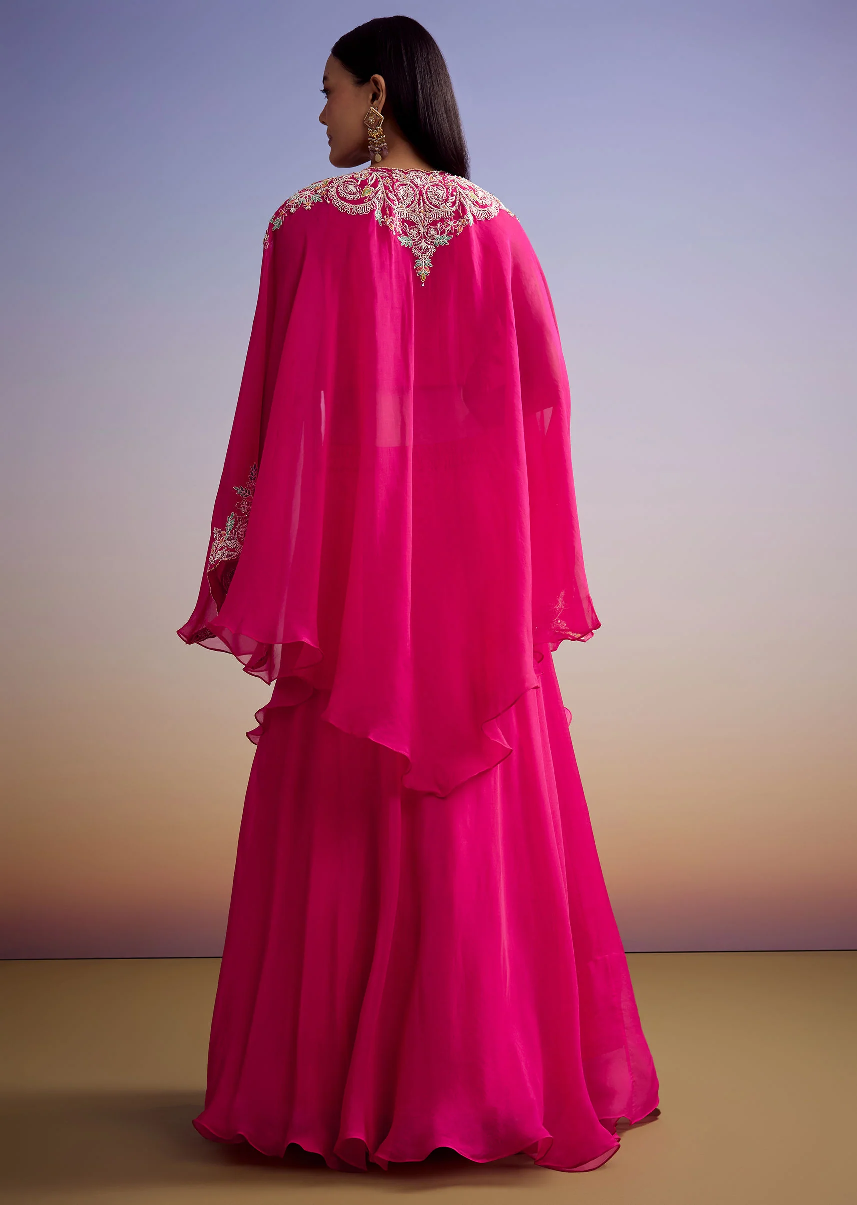 Pink Organza Crop Top And Skirt Set With Embroidered Cape - Image 5
