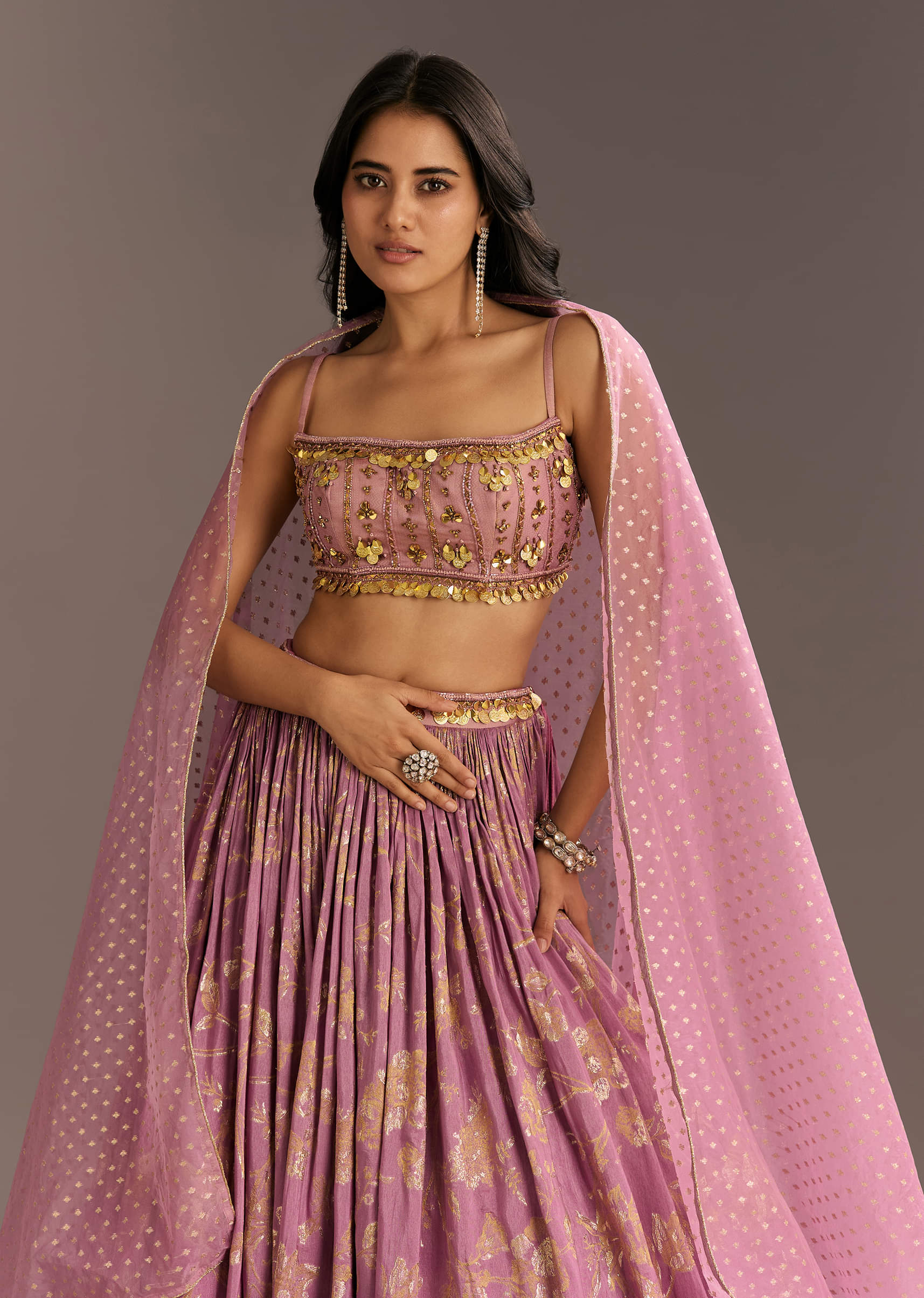 Pink Organza Double Layered Lehenga Set With Handwork Embroidery - Image 5