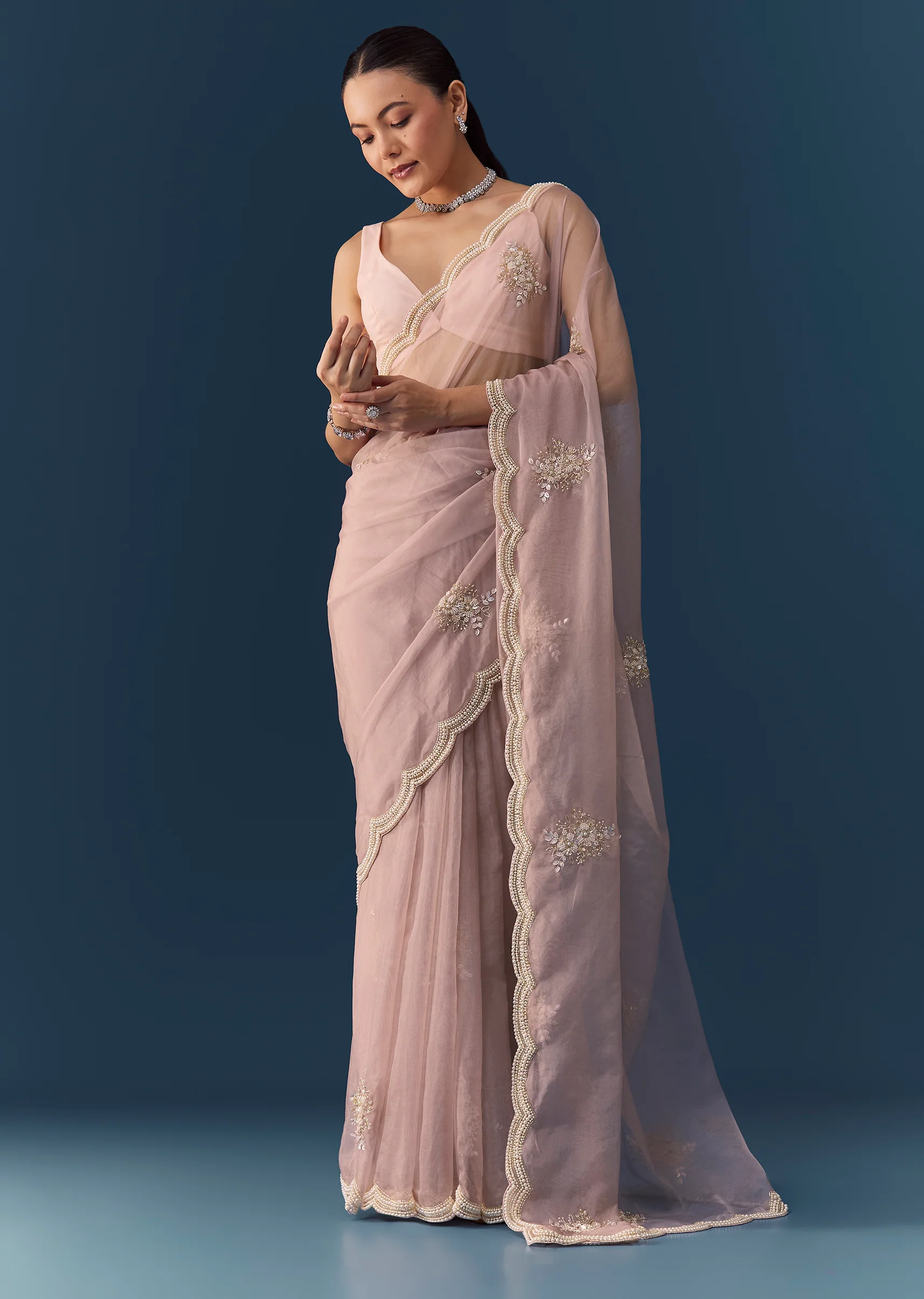 Pink Organza Embroidered Saree with Blouse Fabric